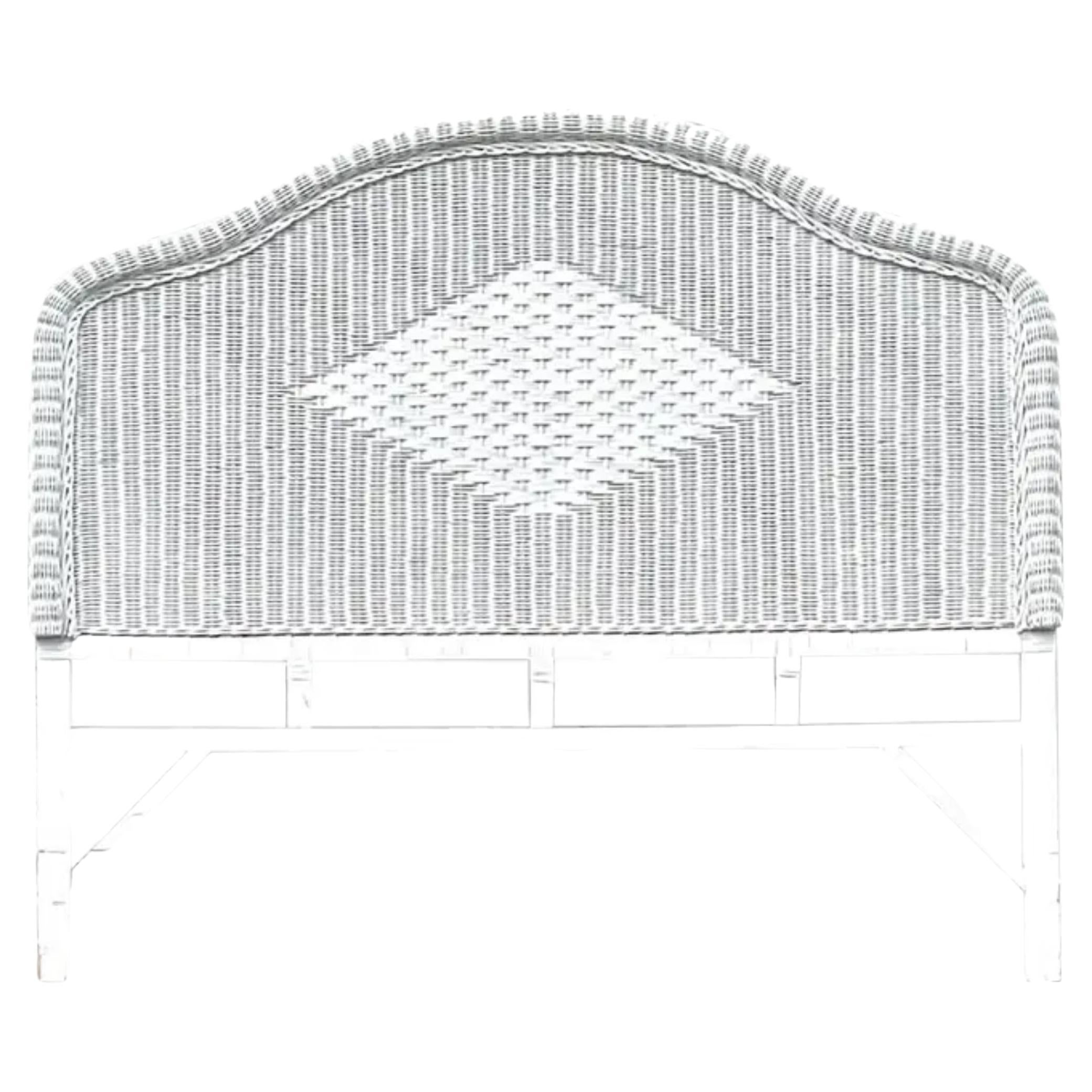 Late 20th Century Vintage Coastal White Woven Rattan Arched Queen Headboard For Sale