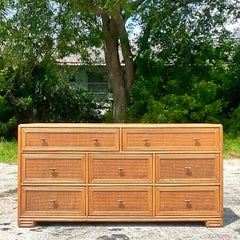 Late 20th Century Vintage Coastal Wood and Woven Rattan Dresser
