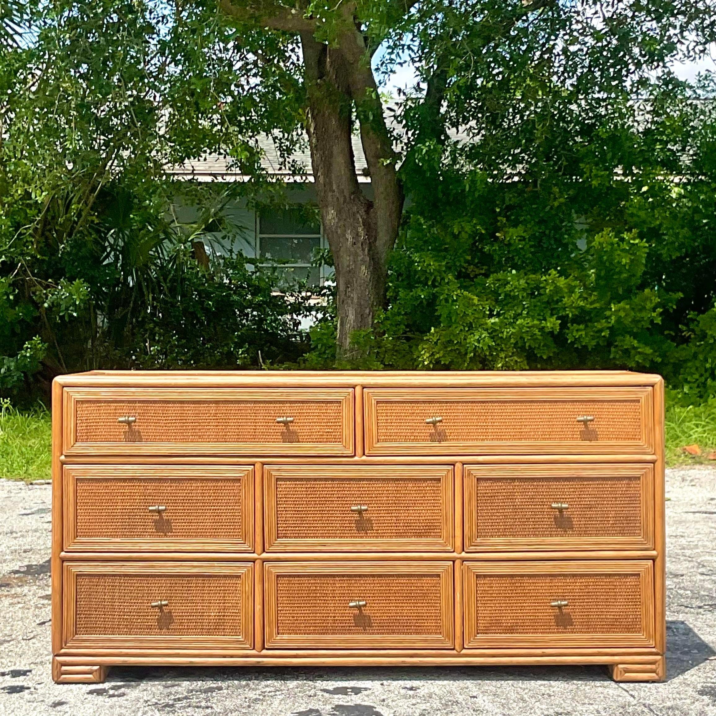 Late 20th Century Vintage Coastal Wood and Woven Rattan Dresser In Good Condition In west palm beach, FL