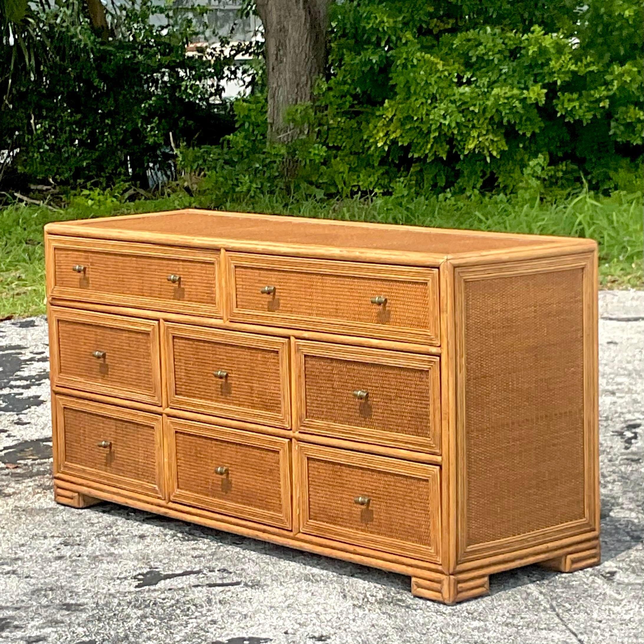 Late 20th Century Vintage Coastal Wood and Woven Rattan Dresser 4