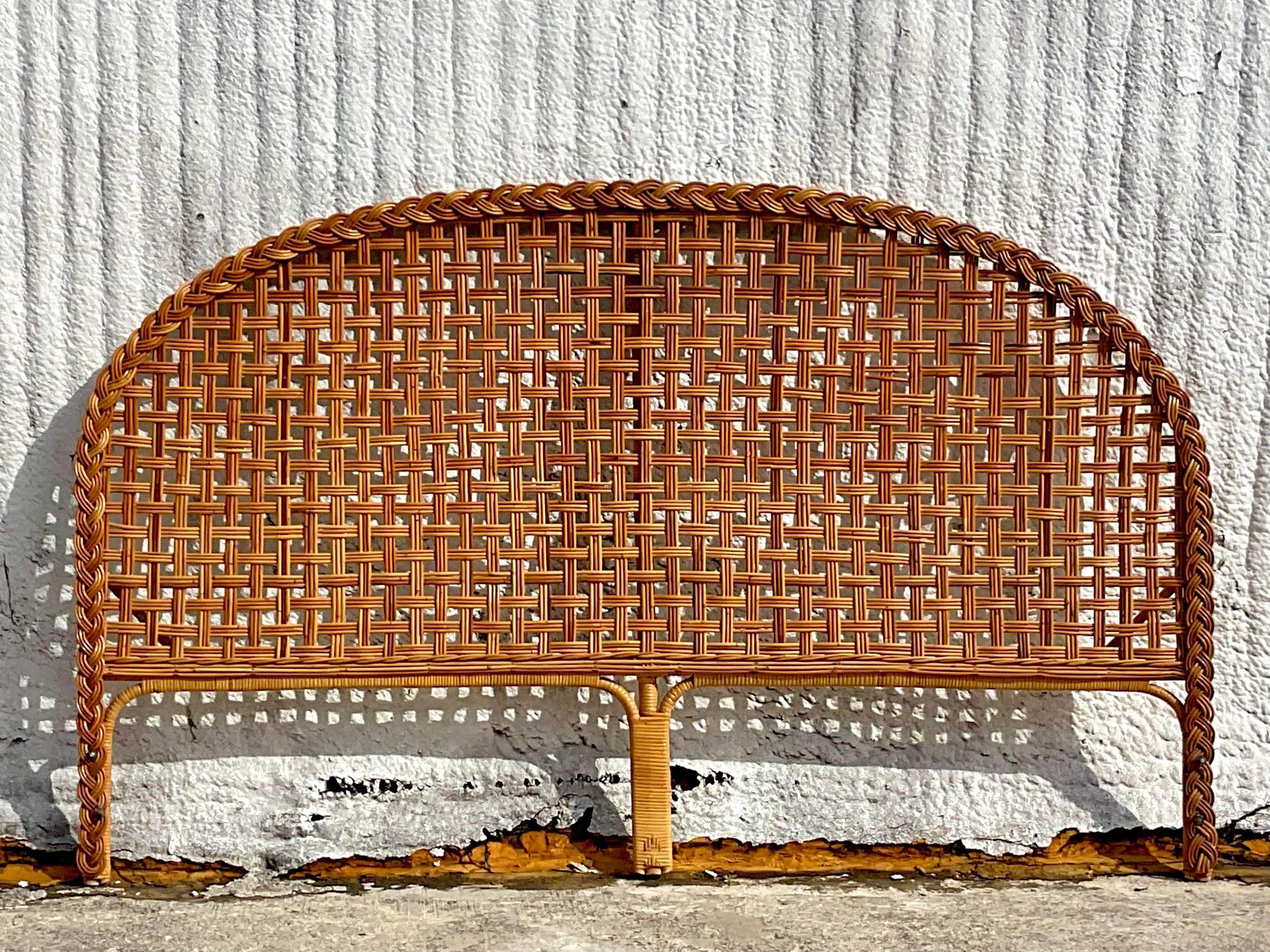 Philippine Late 20th Century Vintage Coastal Woven Rattan Arched King Headboard For Sale