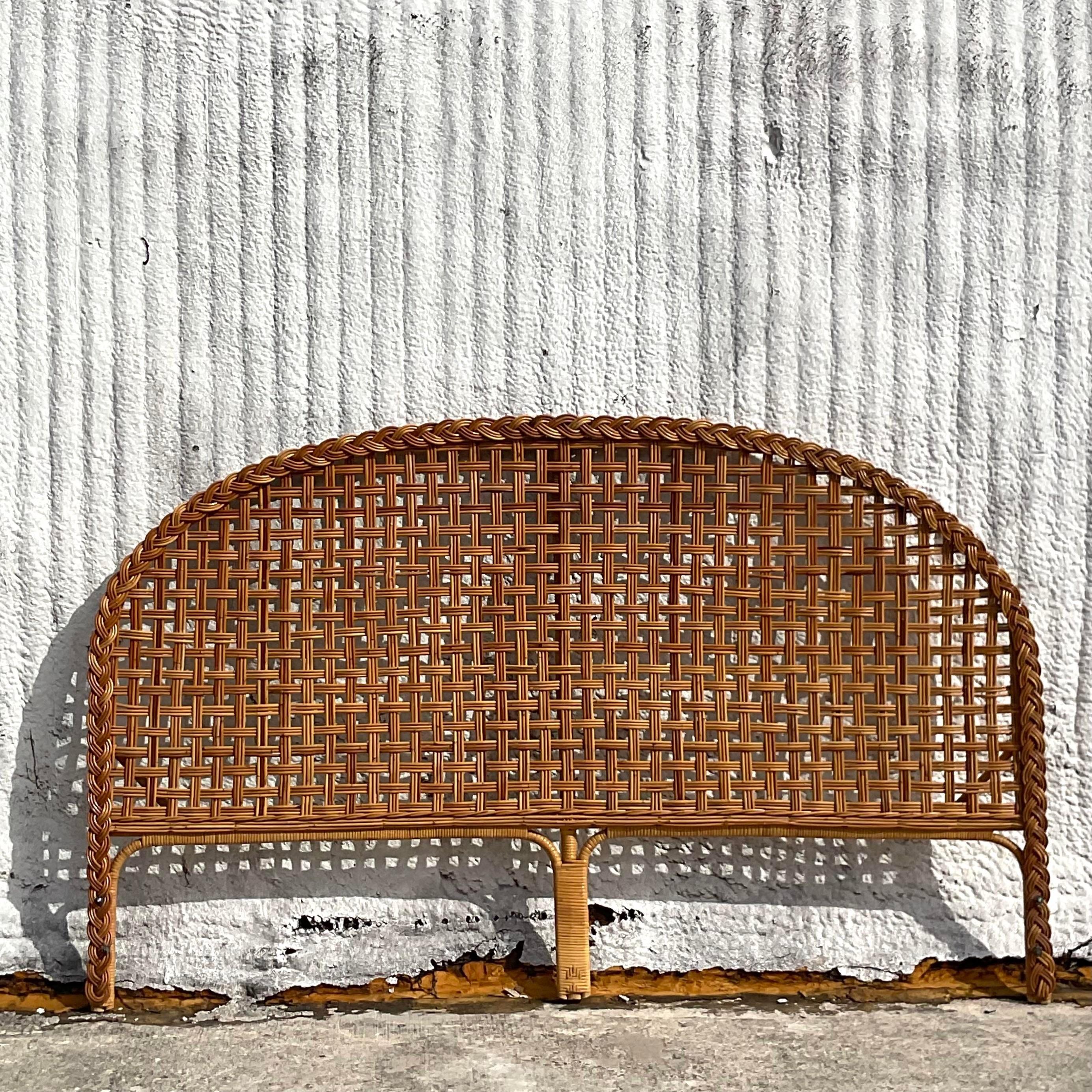 Late 20th Century Vintage Coastal Woven Rattan Arched King Headboard In Good Condition For Sale In west palm beach, FL