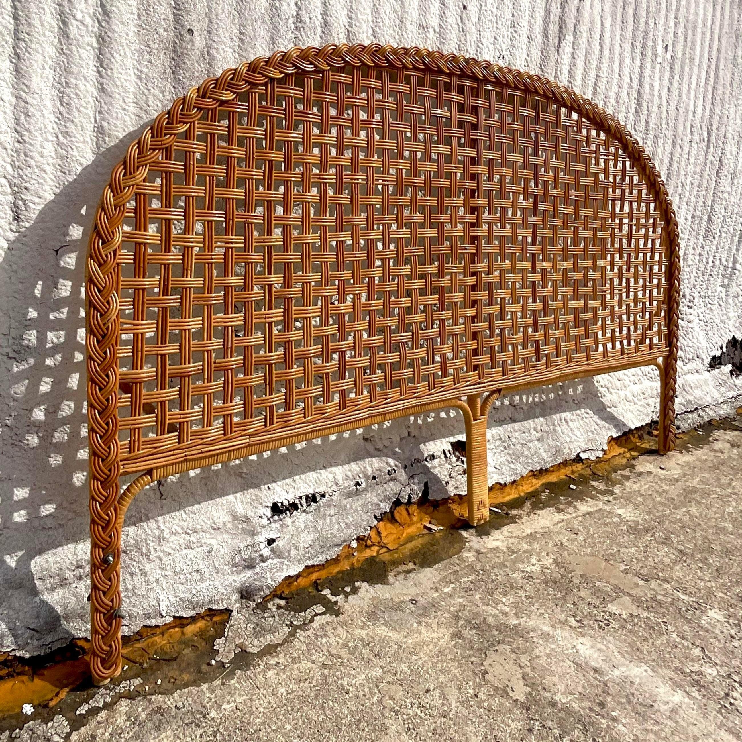 Late 20th Century Vintage Coastal Woven Rattan Arched King Headboard For Sale 1