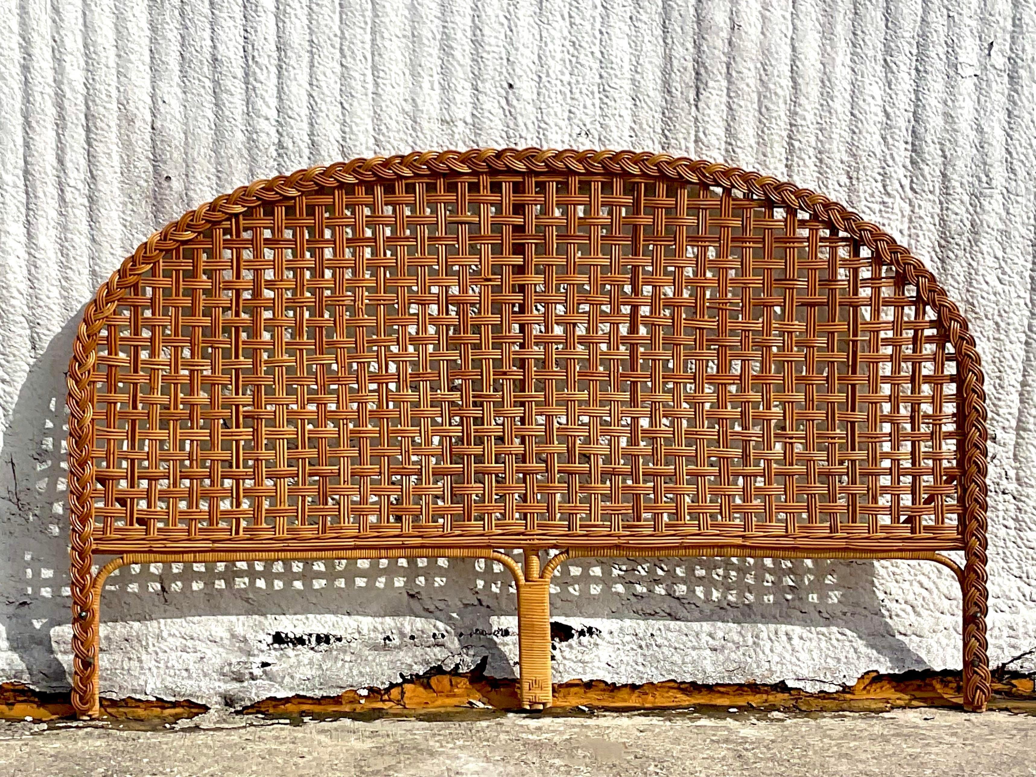 Late 20th Century Vintage Coastal Woven Rattan Arched King Headboard For Sale 2