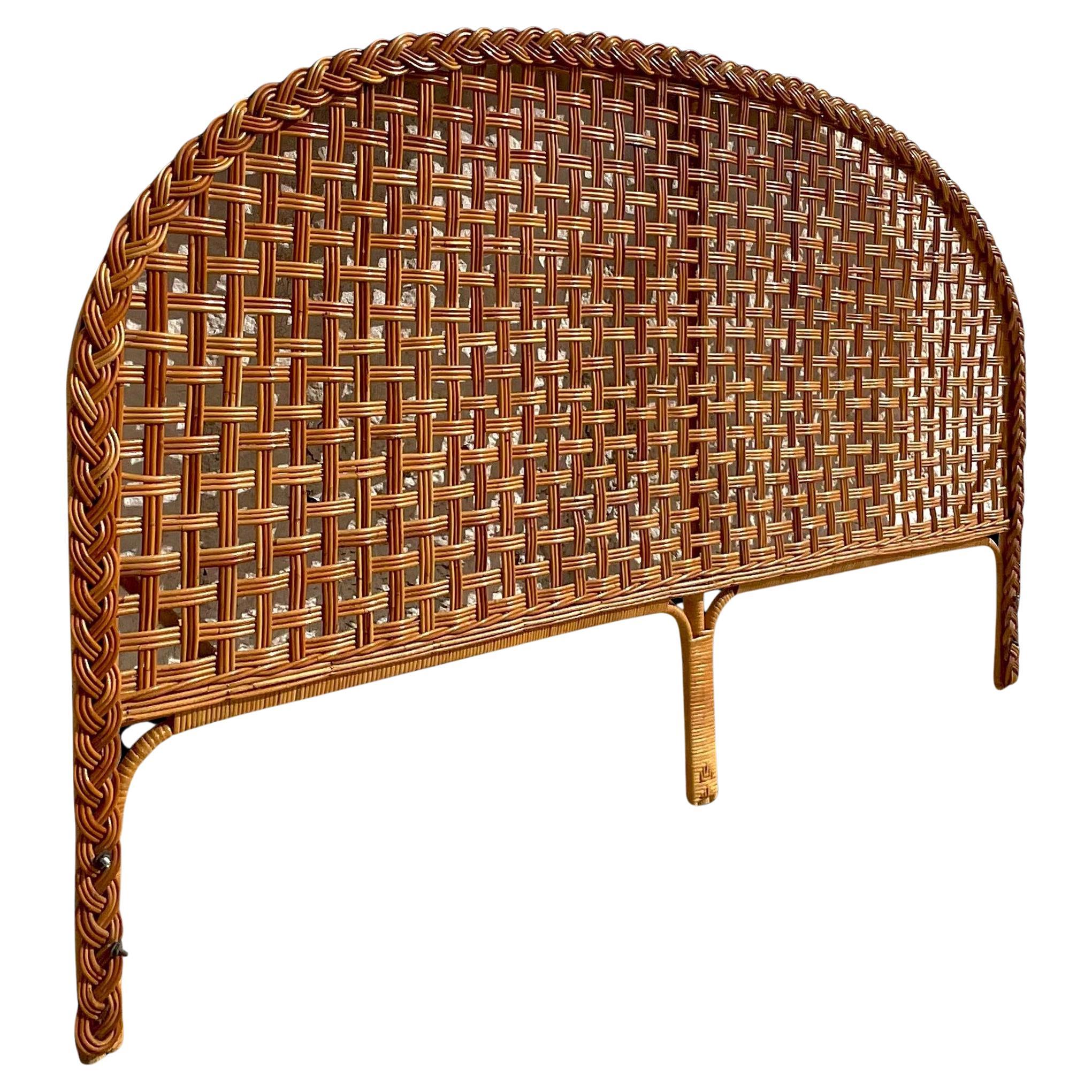 Late 20th Century Vintage Coastal Woven Rattan Arched King Headboard For Sale