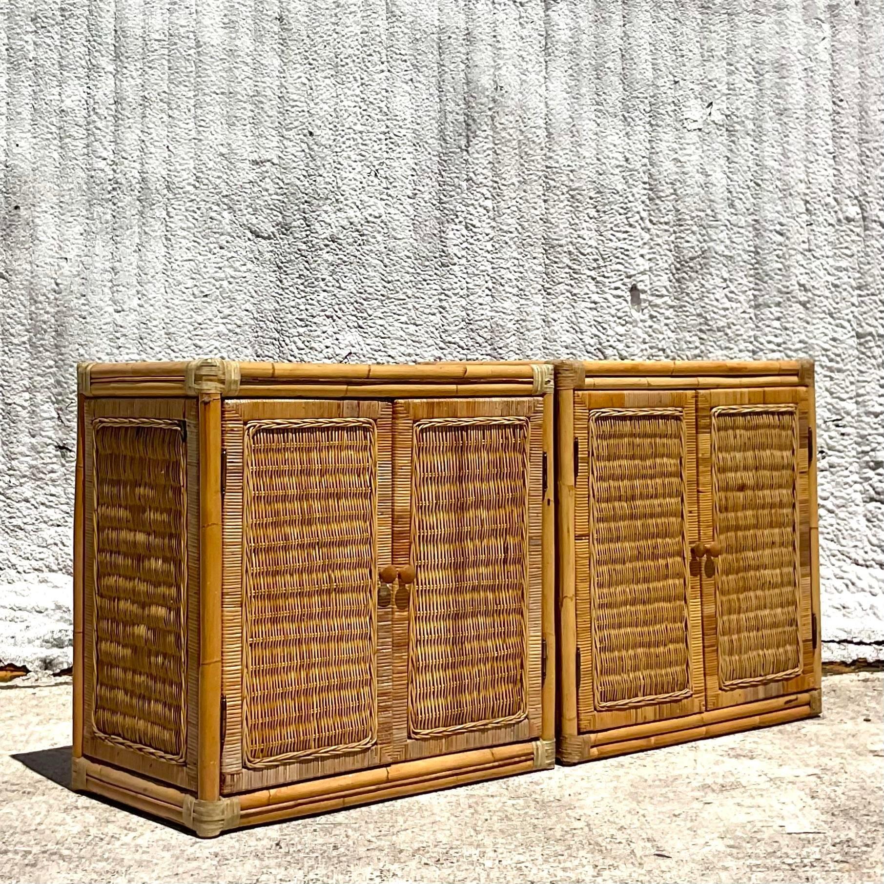 Philippine Late 20th Century Vintage Coastal Woven Rattan Cabinets - a Pair For Sale