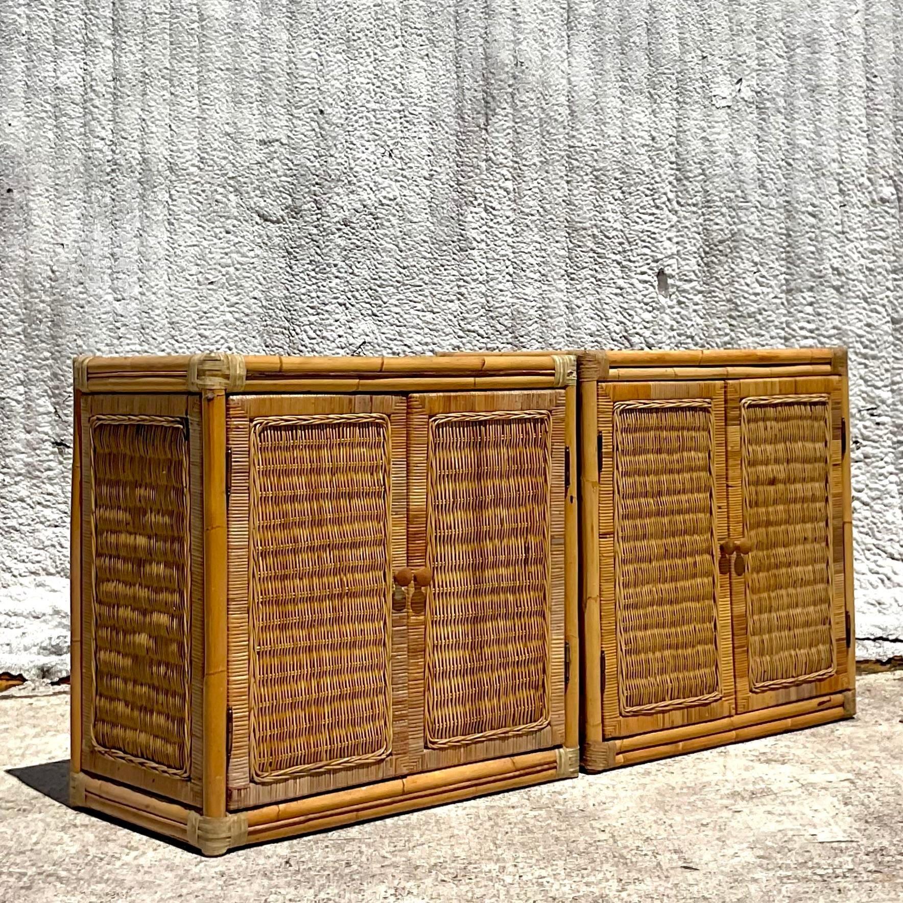 Late 20th Century Vintage Coastal Woven Rattan Cabinets - a Pair In Good Condition In west palm beach, FL