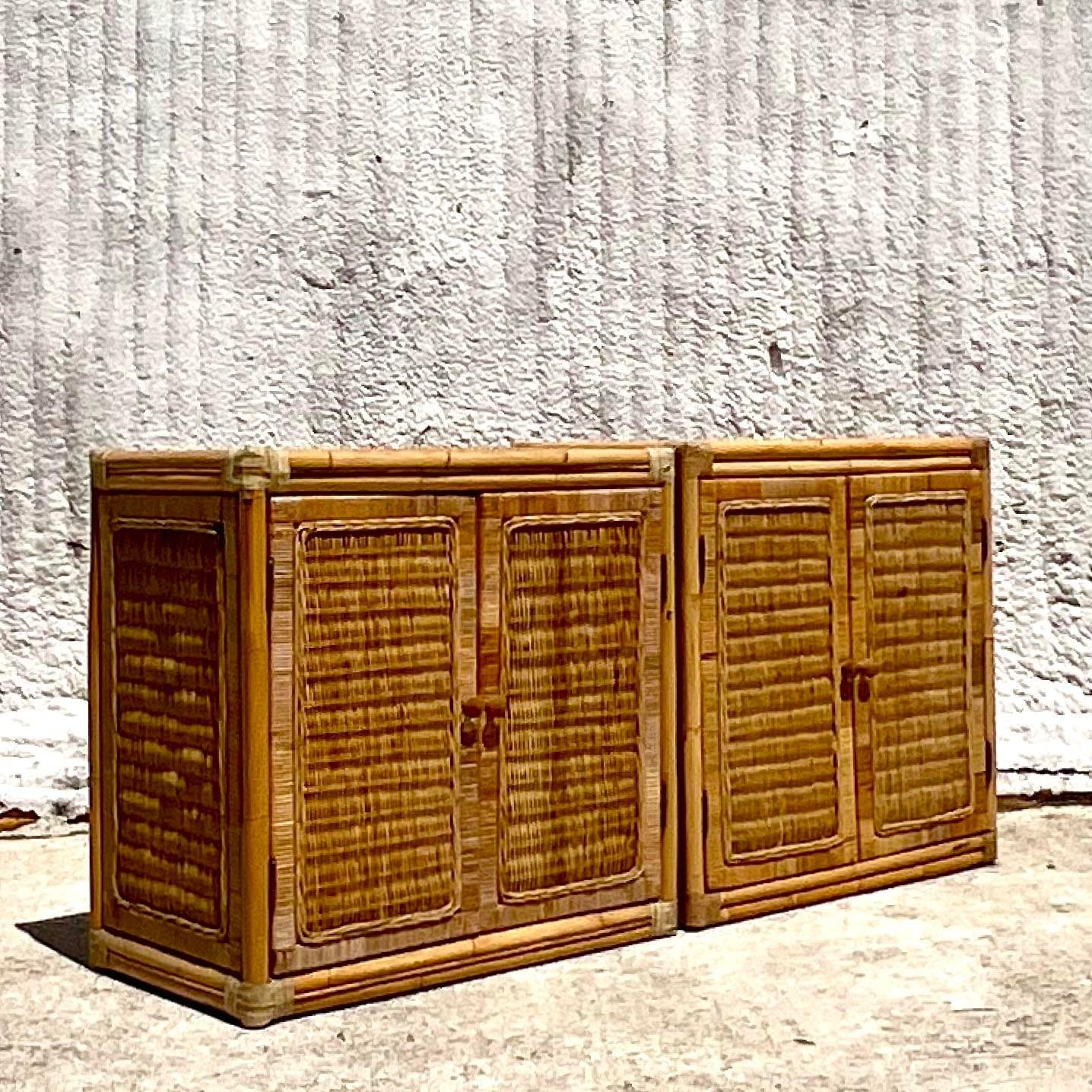 Late 20th Century Vintage Coastal Woven Rattan Cabinets - a Pair For Sale 1