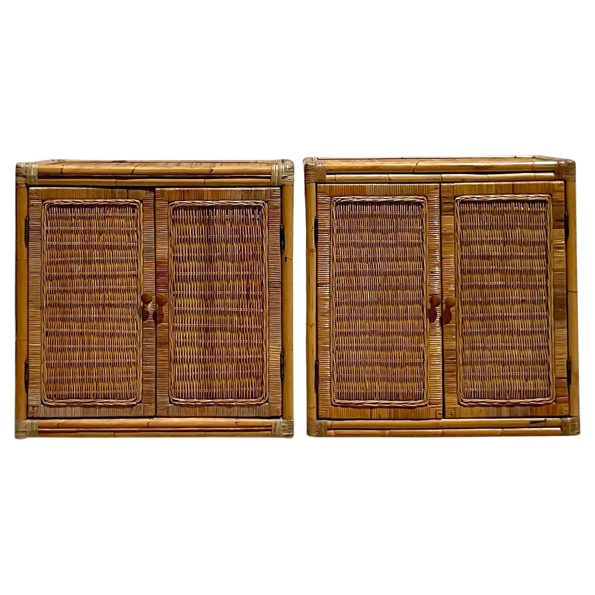 Late 20th Century Vintage Coastal Woven Rattan Cabinets - a Pair
