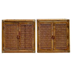 Late 20th Century Vintage Coastal Woven Rattan Cabinets - a Pair