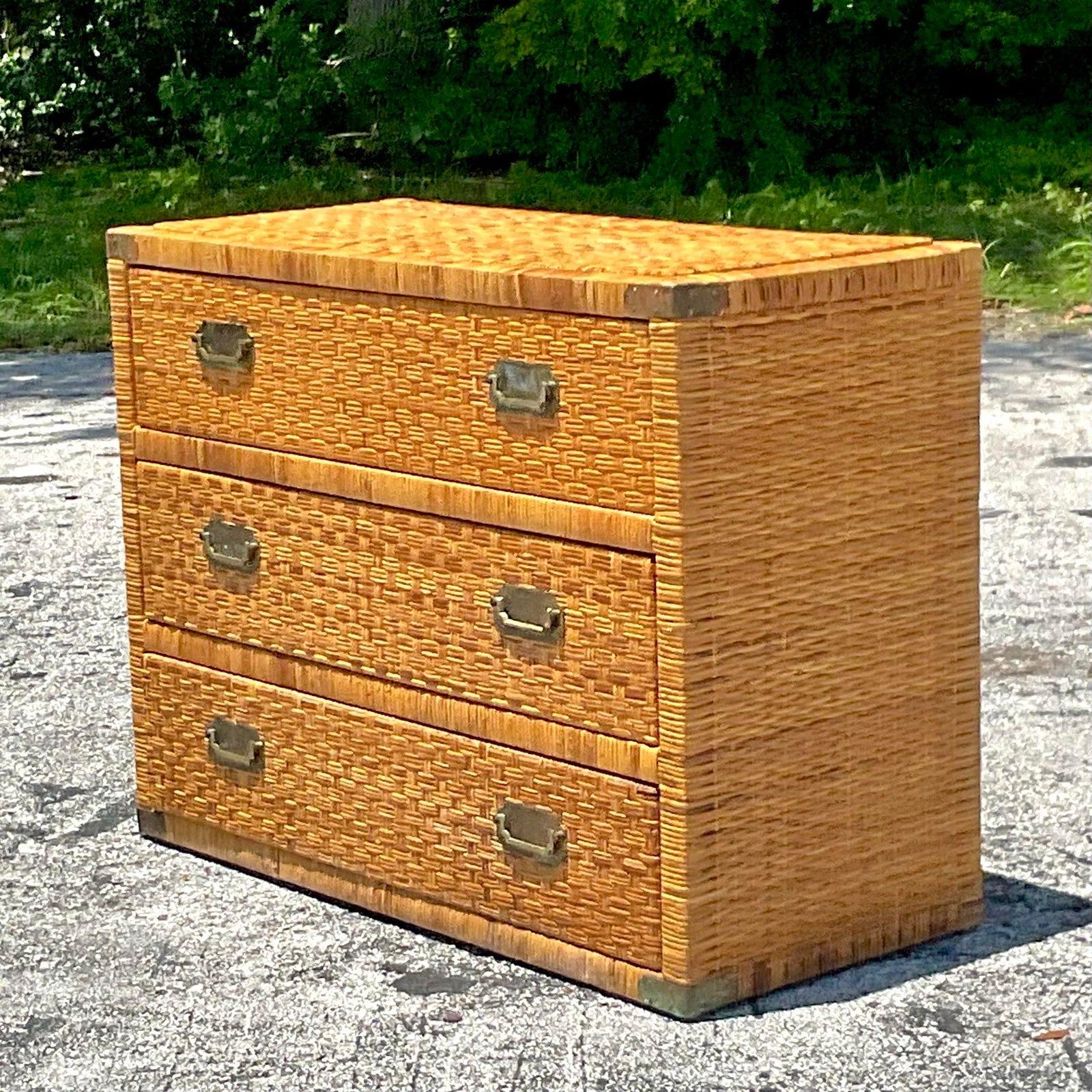 Philippine Late 20th Century Vintage Coastal Woven Rattan Campaign Chest of Drawers