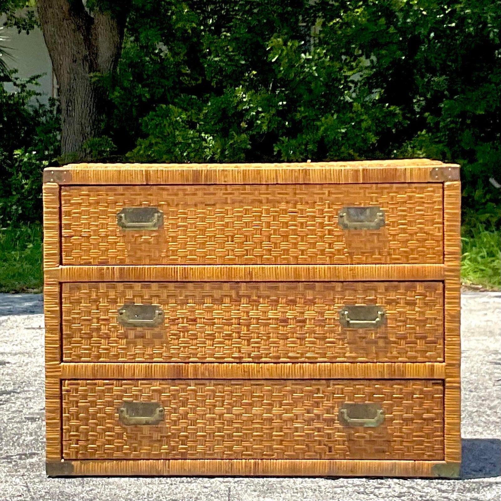 Late 20th Century Vintage Coastal Woven Rattan Campaign Chest of Drawers In Good Condition In west palm beach, FL
