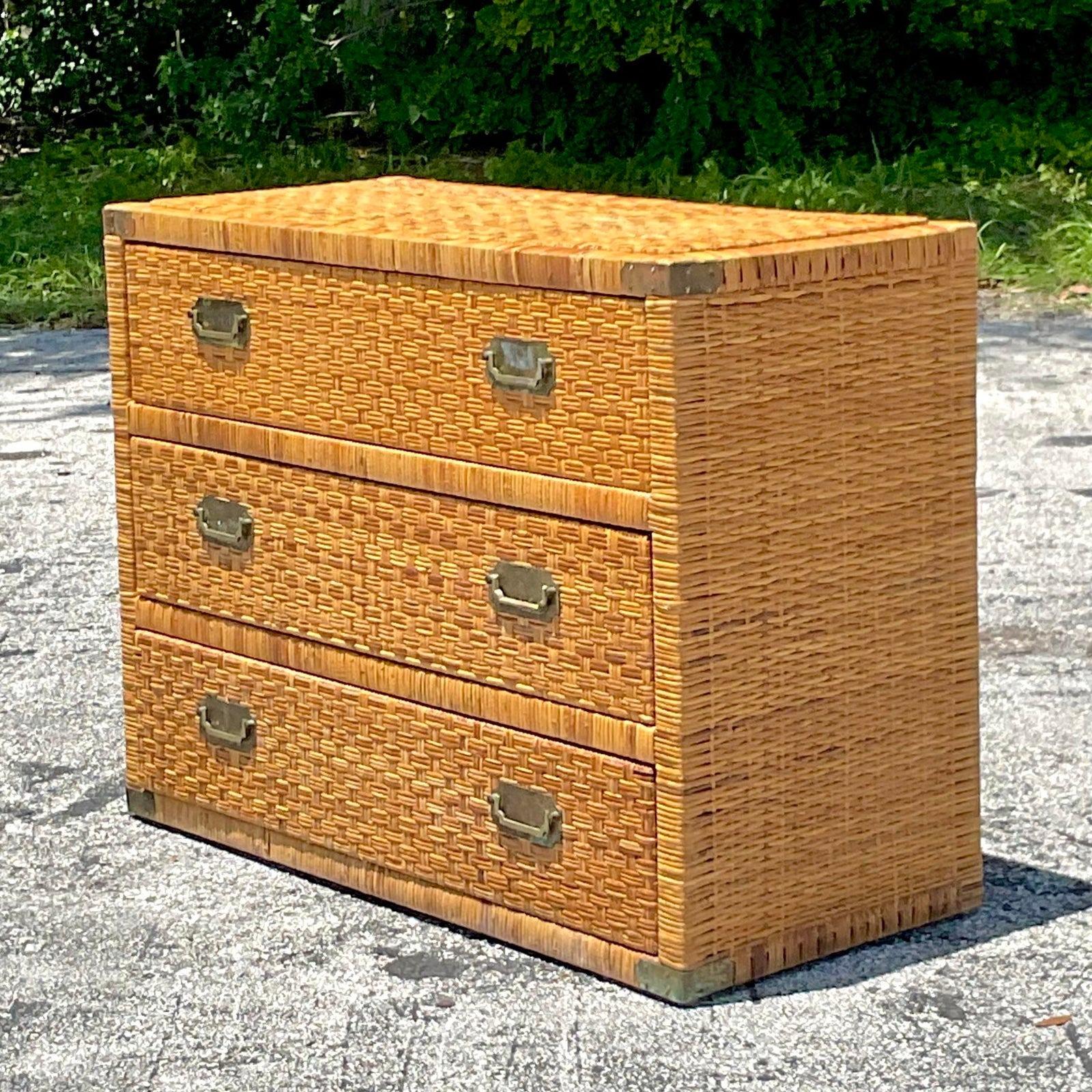 Metal Late 20th Century Vintage Coastal Woven Rattan Campaign Chest of Drawers