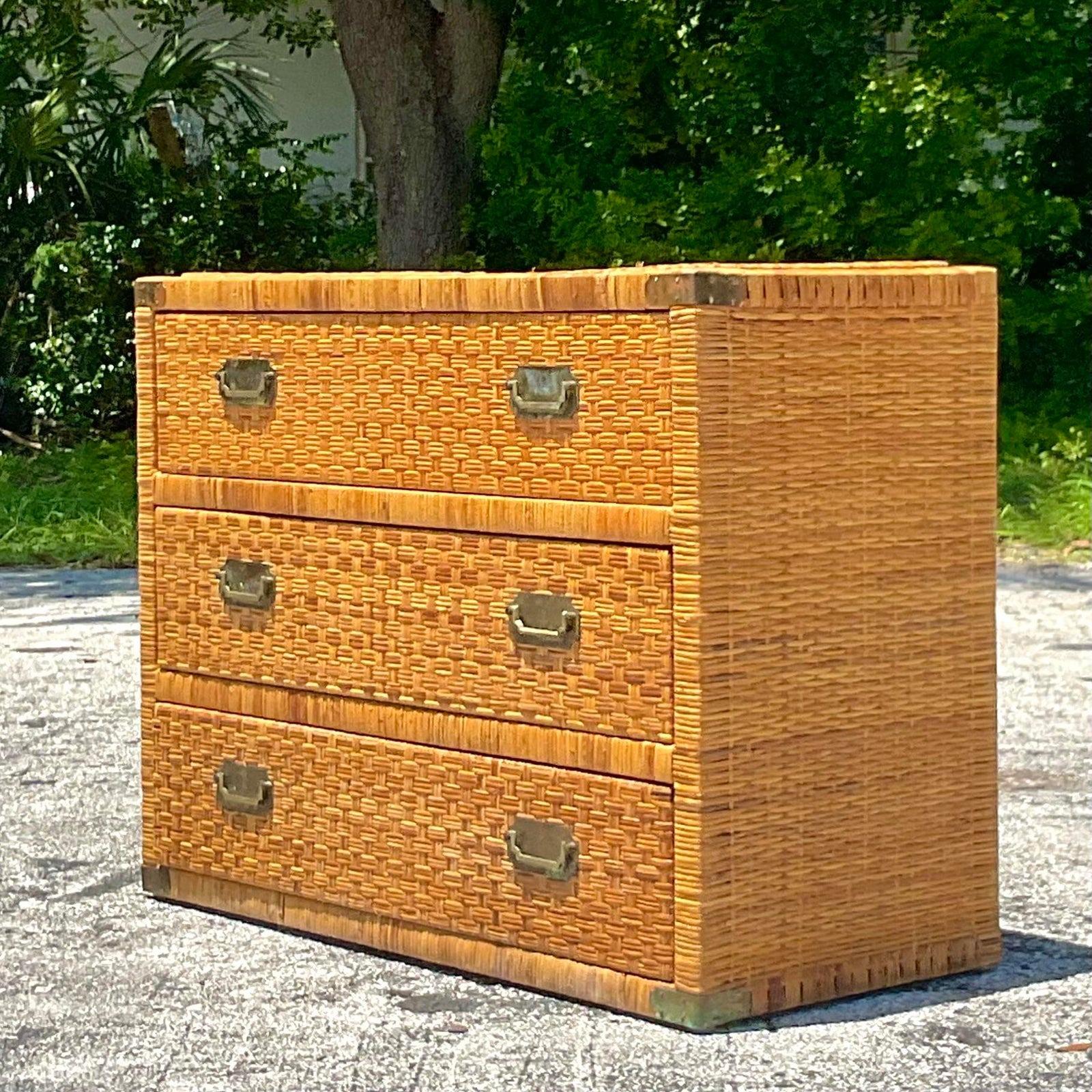 Late 20th Century Vintage Coastal Woven Rattan Campaign Chest of Drawers 1