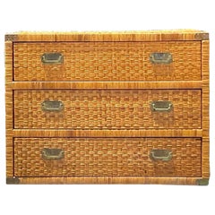 Late 20th Century Vintage Coastal Woven Rattan Campaign Chest of Drawers