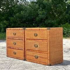 Late 20th Century Vintage Coastal Woven Rattan Campaign Chest of Drawers-A Pair