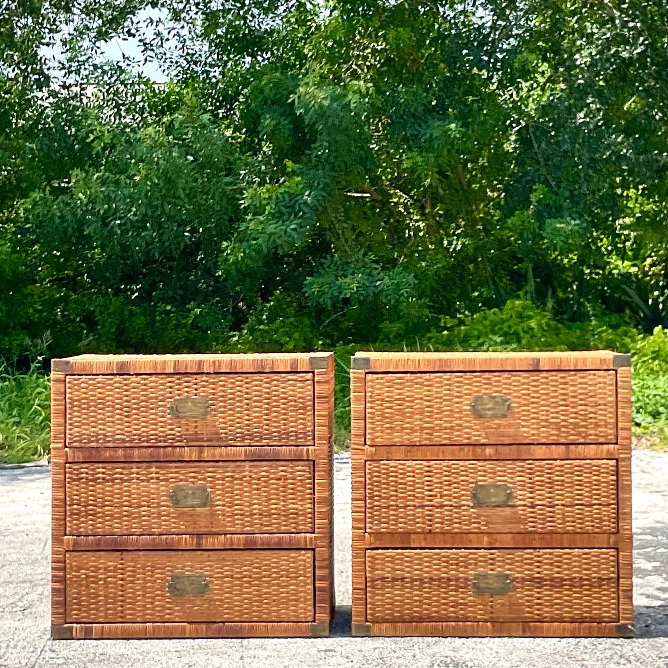 Philippine Late 20th Century Vintage Coastal Woven Rattan Campaign Chest of Drawers-A Pair