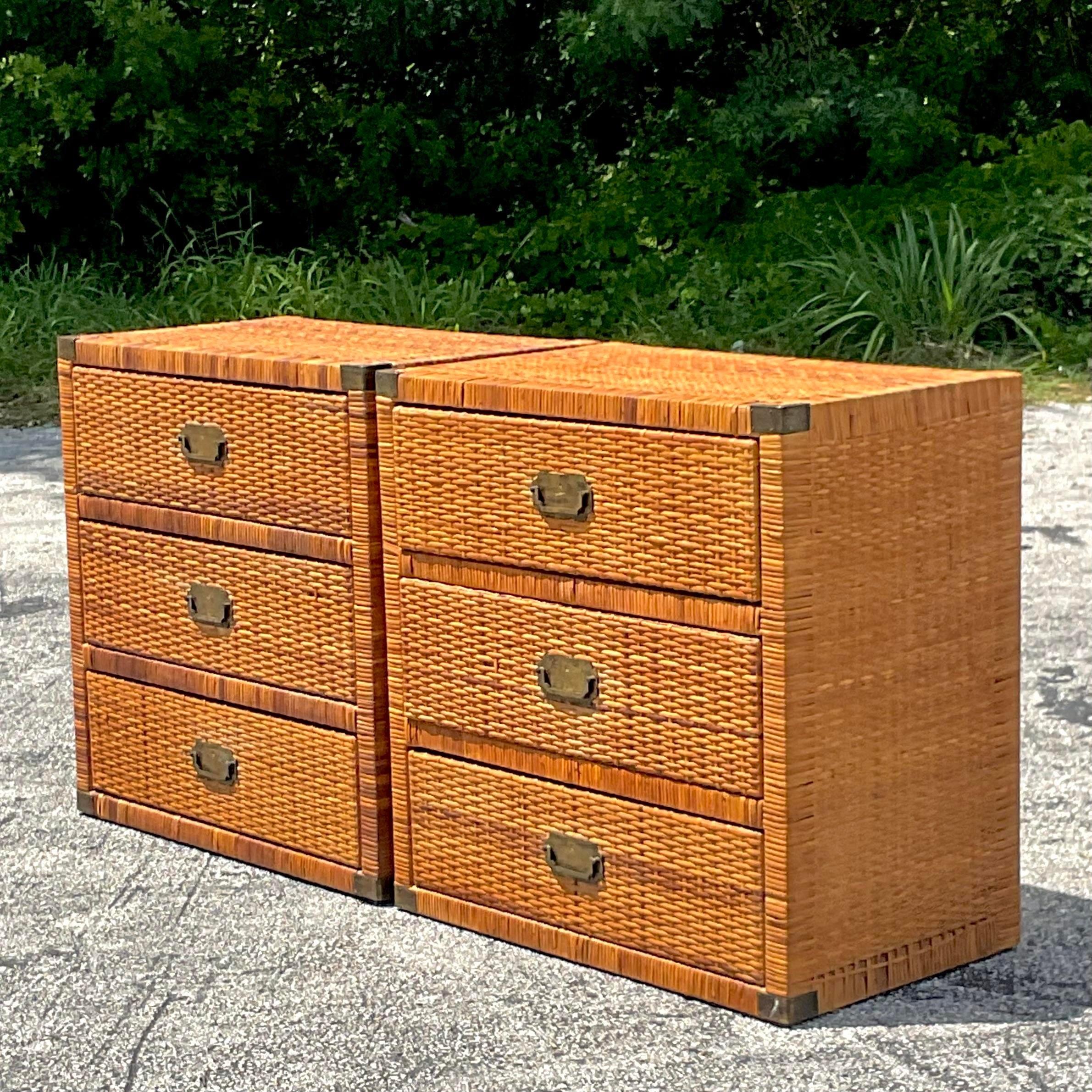 Late 20th Century Vintage Coastal Woven Rattan Campaign Chest of Drawers-A Pair In Good Condition In west palm beach, FL