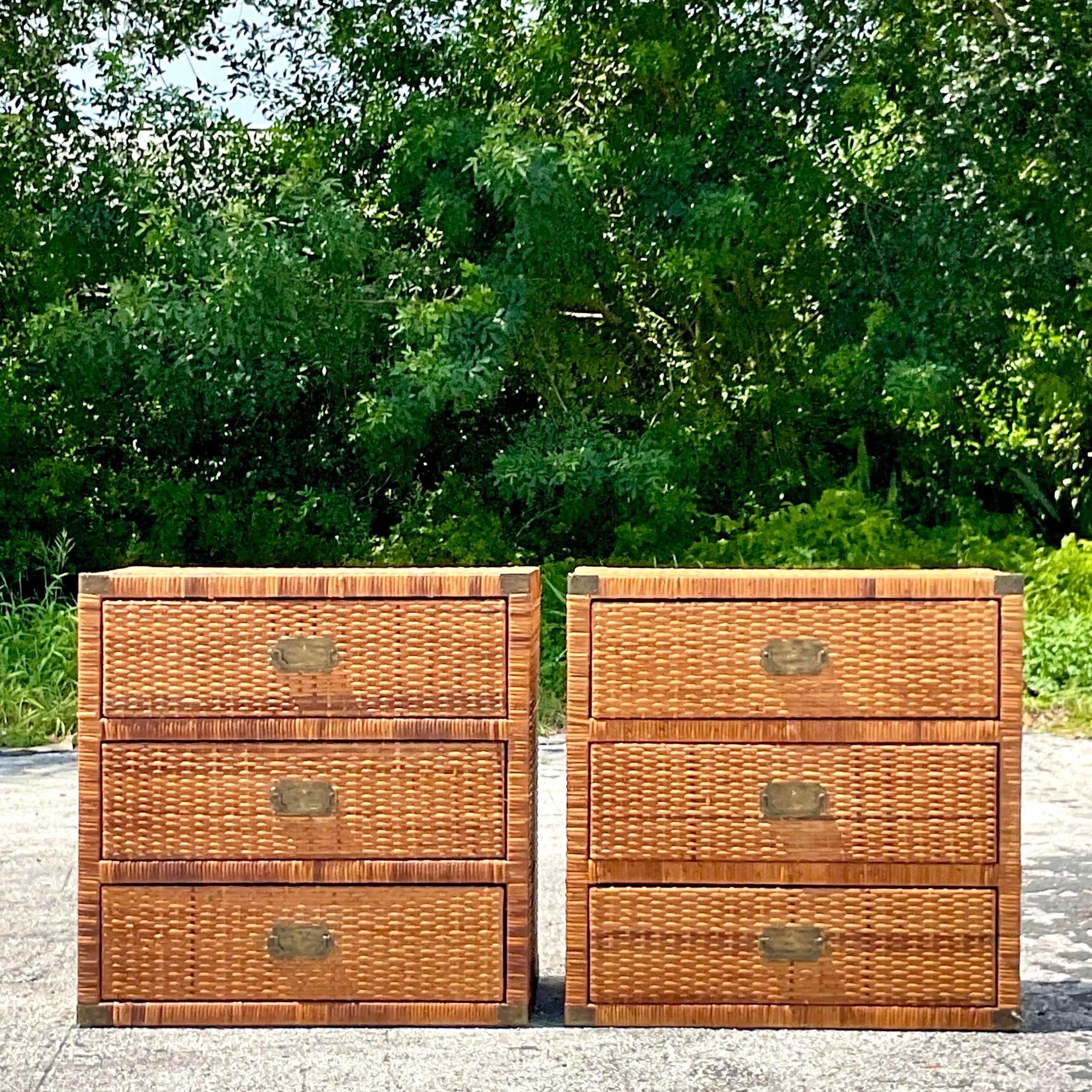 Brass Late 20th Century Vintage Coastal Woven Rattan Campaign Chest of Drawers-A Pair