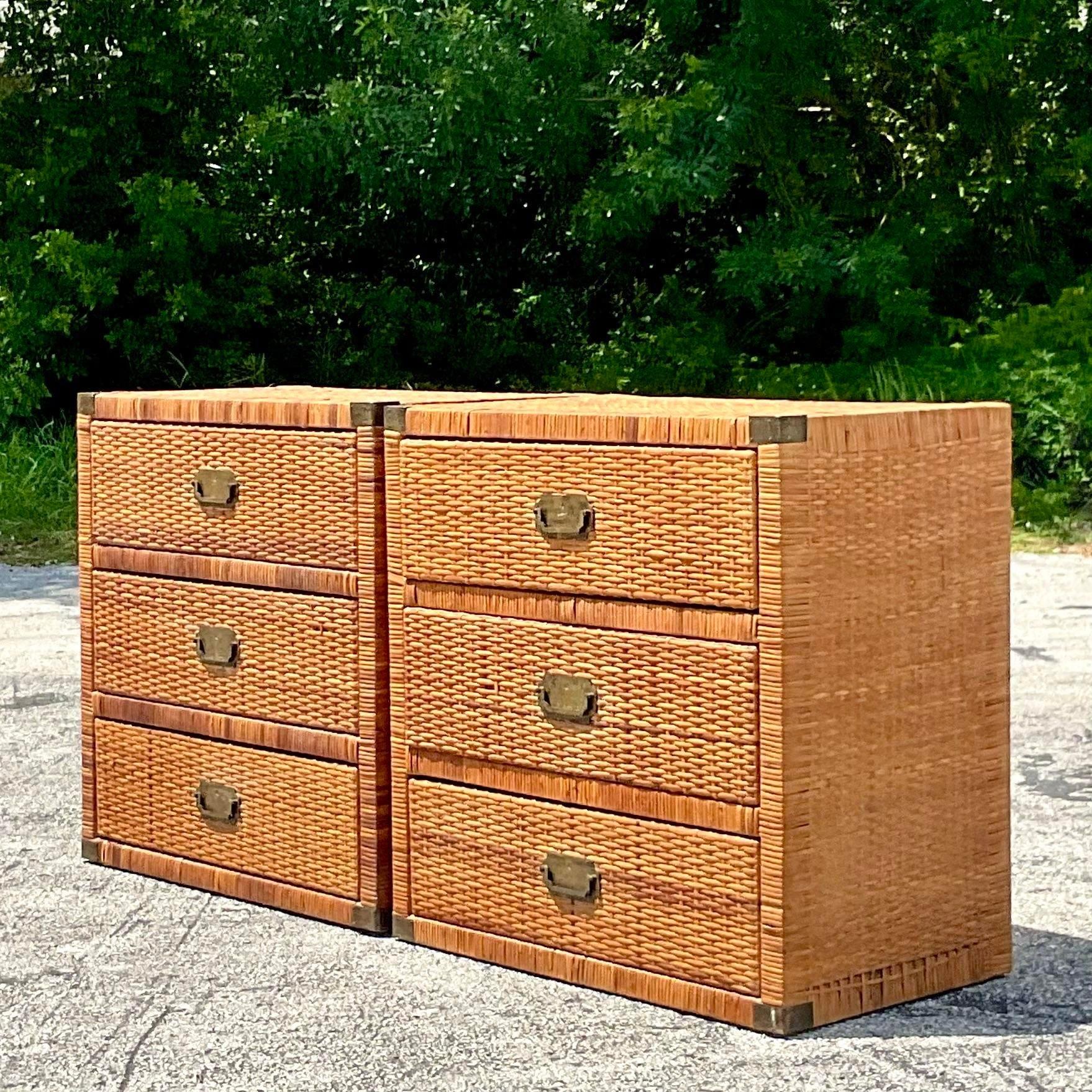 Late 20th Century Vintage Coastal Woven Rattan Campaign Chest of Drawers-A Pair 1