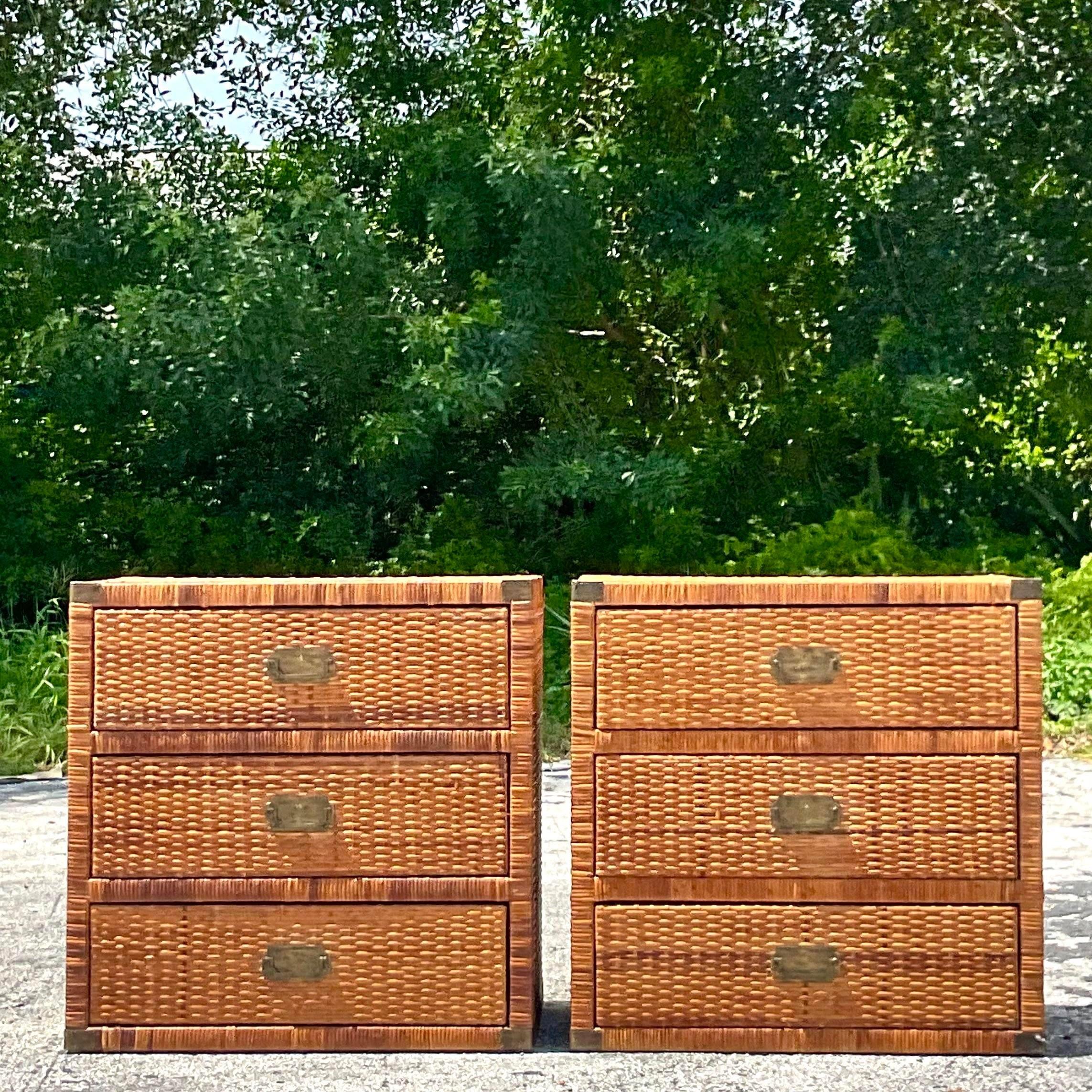 Late 20th Century Vintage Coastal Woven Rattan Campaign Chest of Drawers-A Pair 2