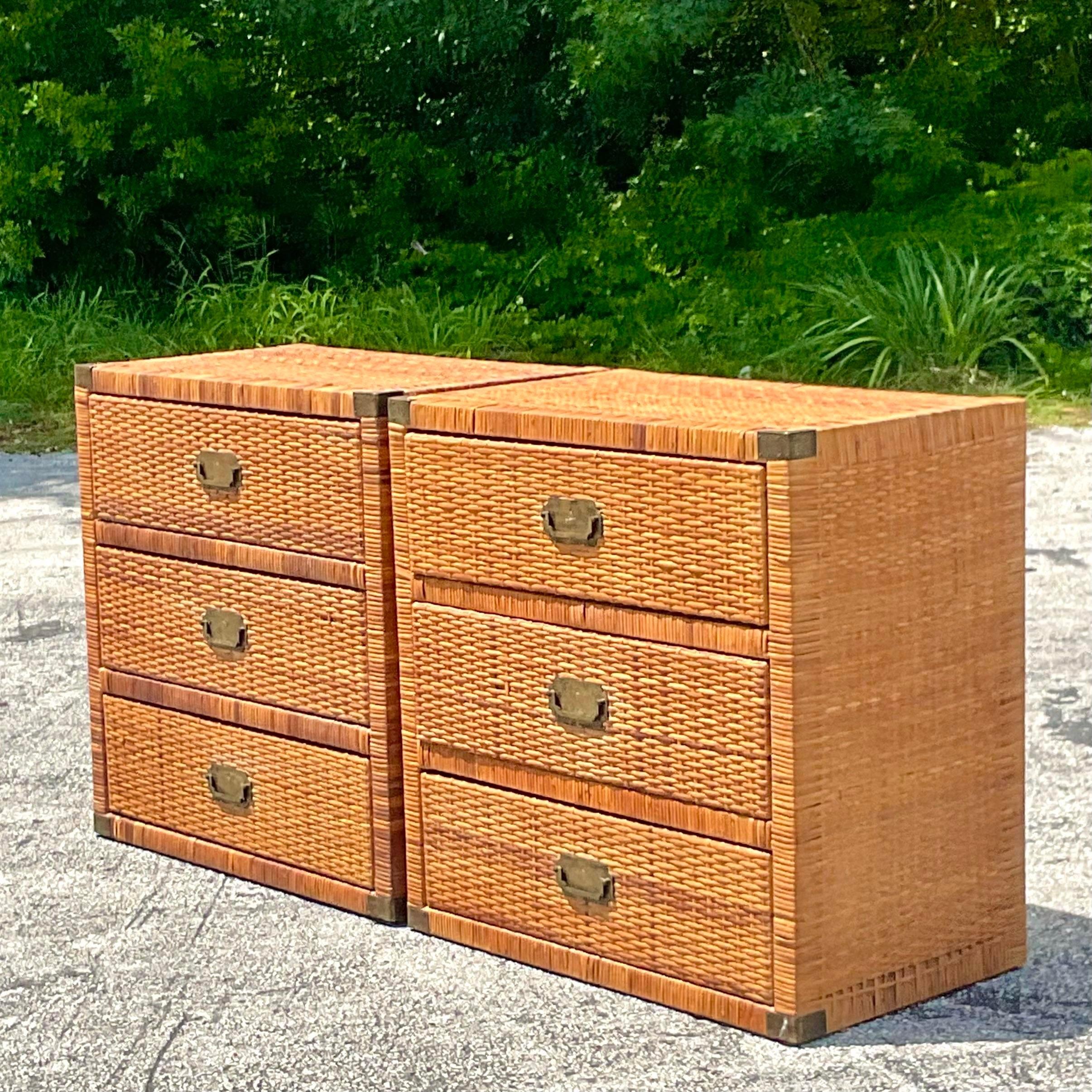 Late 20th Century Vintage Coastal Woven Rattan Campaign Chest of Drawers-A Pair 3