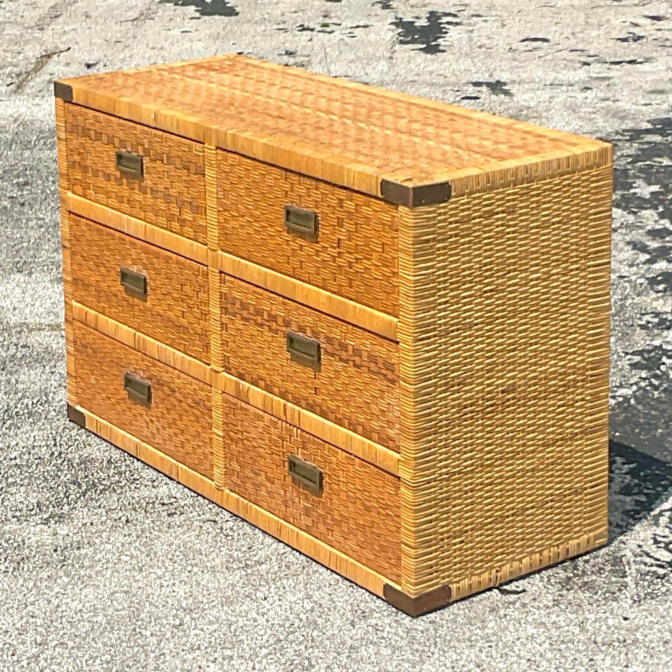 Late 20th Century Vintage Coastal Woven Rattan Campaign Dresser In Good Condition For Sale In west palm beach, FL