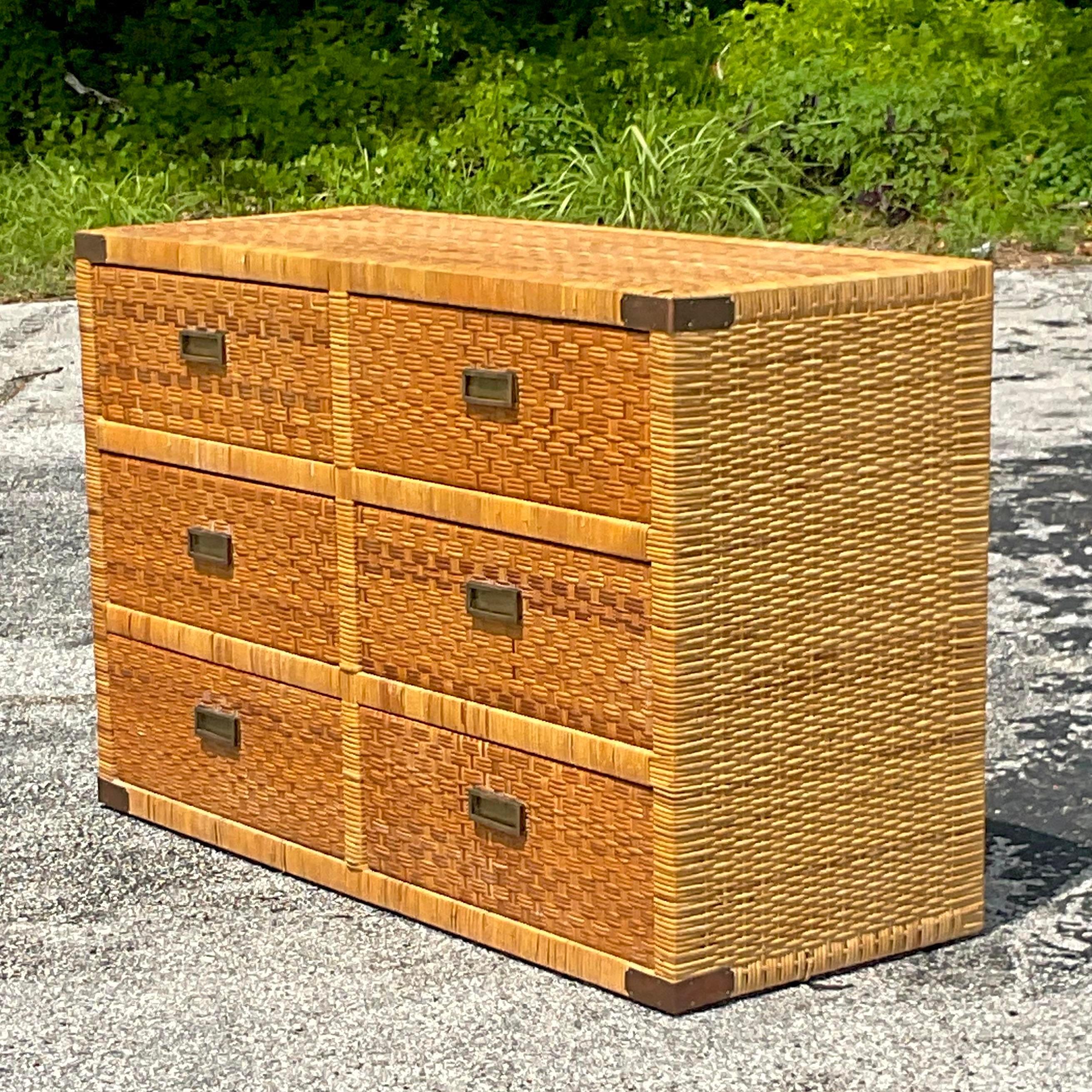 Brass Late 20th Century Vintage Coastal Woven Rattan Campaign Dresser For Sale
