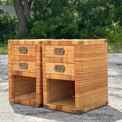 Late 20th Century Vintage Coastal Woven Rattan Campaign Nightstands - a Pair