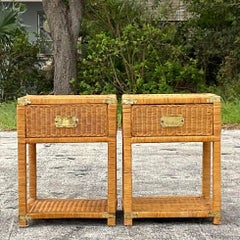 Late 20th Century Vintage Coastal Woven Rattan Campaign Nightstands - a Pair