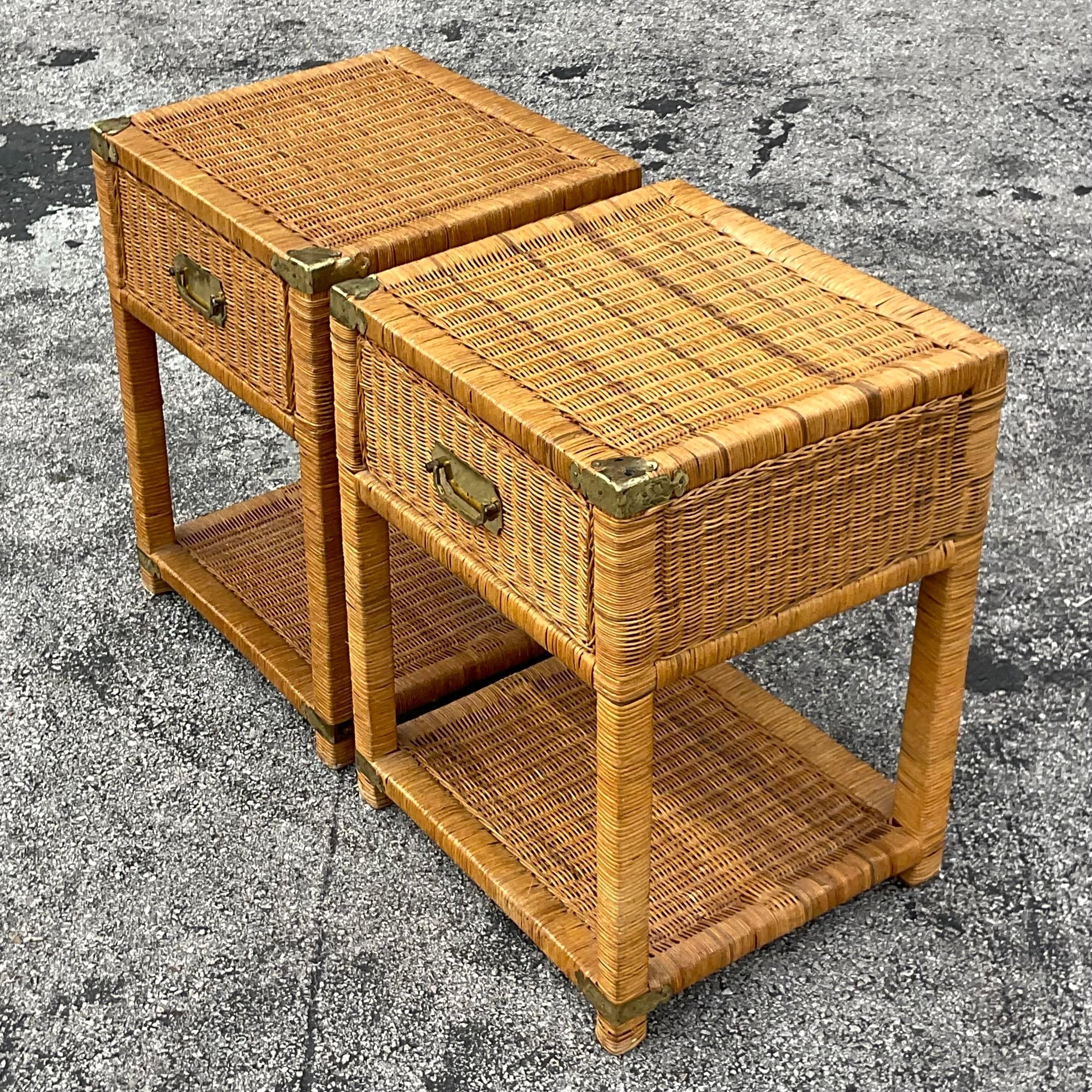 Late 20th Century Vintage Coastal Woven Rattan Campaign Nightstands - a Pair In Good Condition In west palm beach, FL