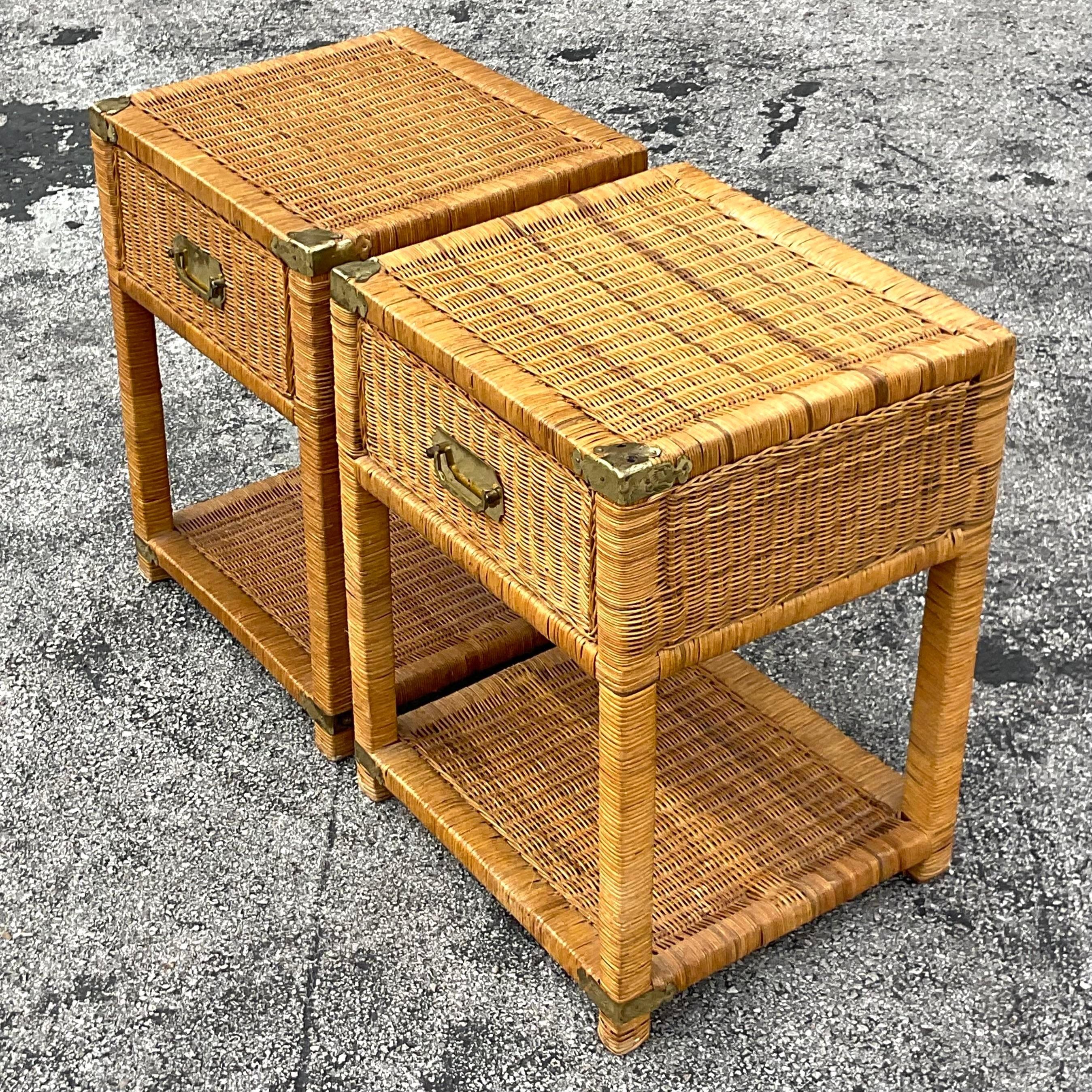 Metal Late 20th Century Vintage Coastal Woven Rattan Campaign Nightstands - a Pair