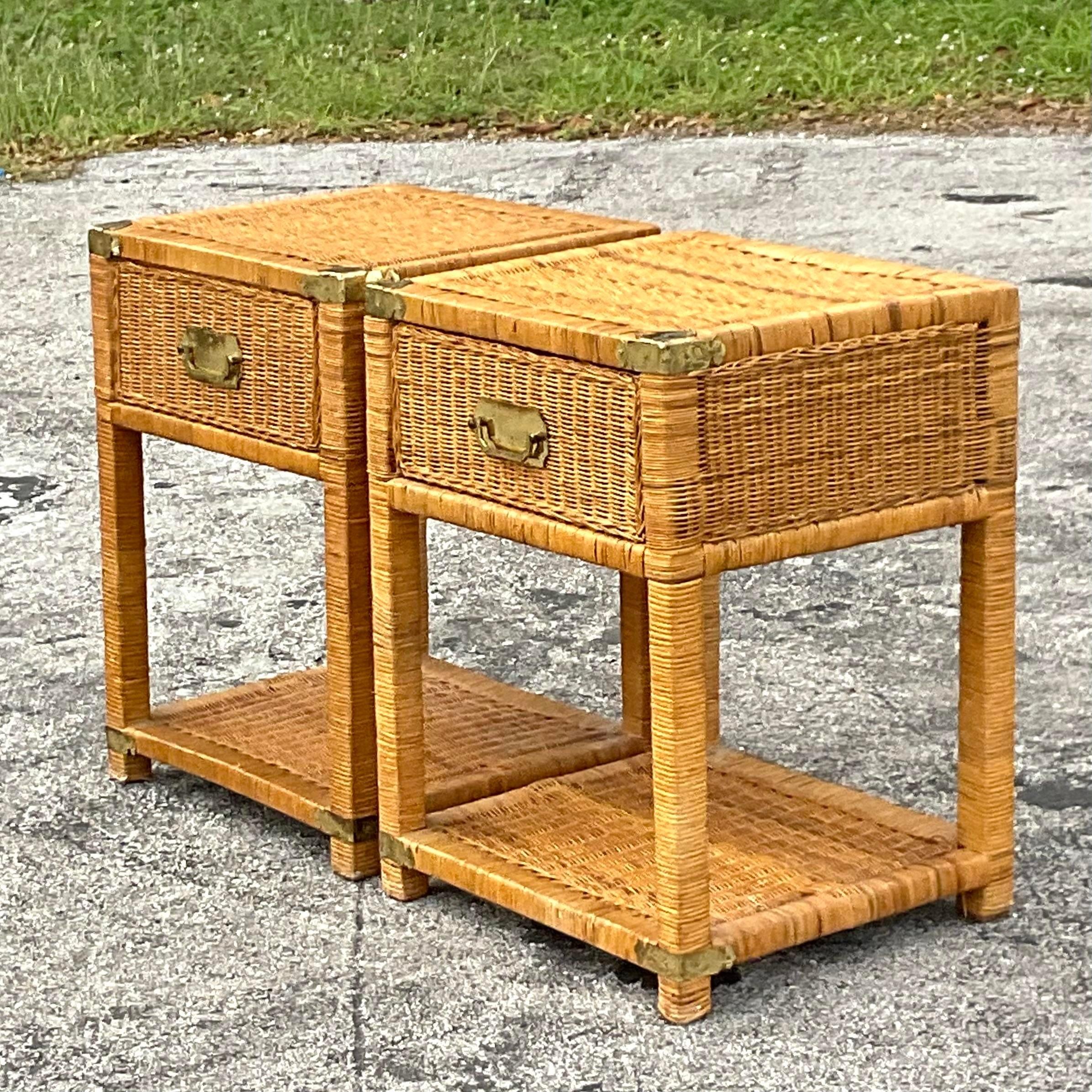 Late 20th Century Vintage Coastal Woven Rattan Campaign Nightstands - a Pair 1