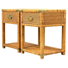Late 20th Century Vintage Coastal Woven Rattan Campaign Nightstands - a Pair