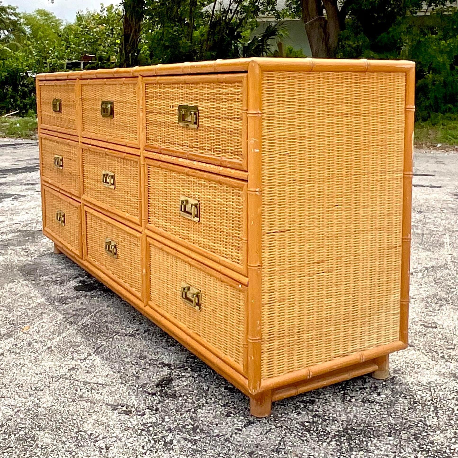 Late 20th Century Vintage Coastal Woven Rattan Campaign Style Dresser In Good Condition In West Palm Beach, FL