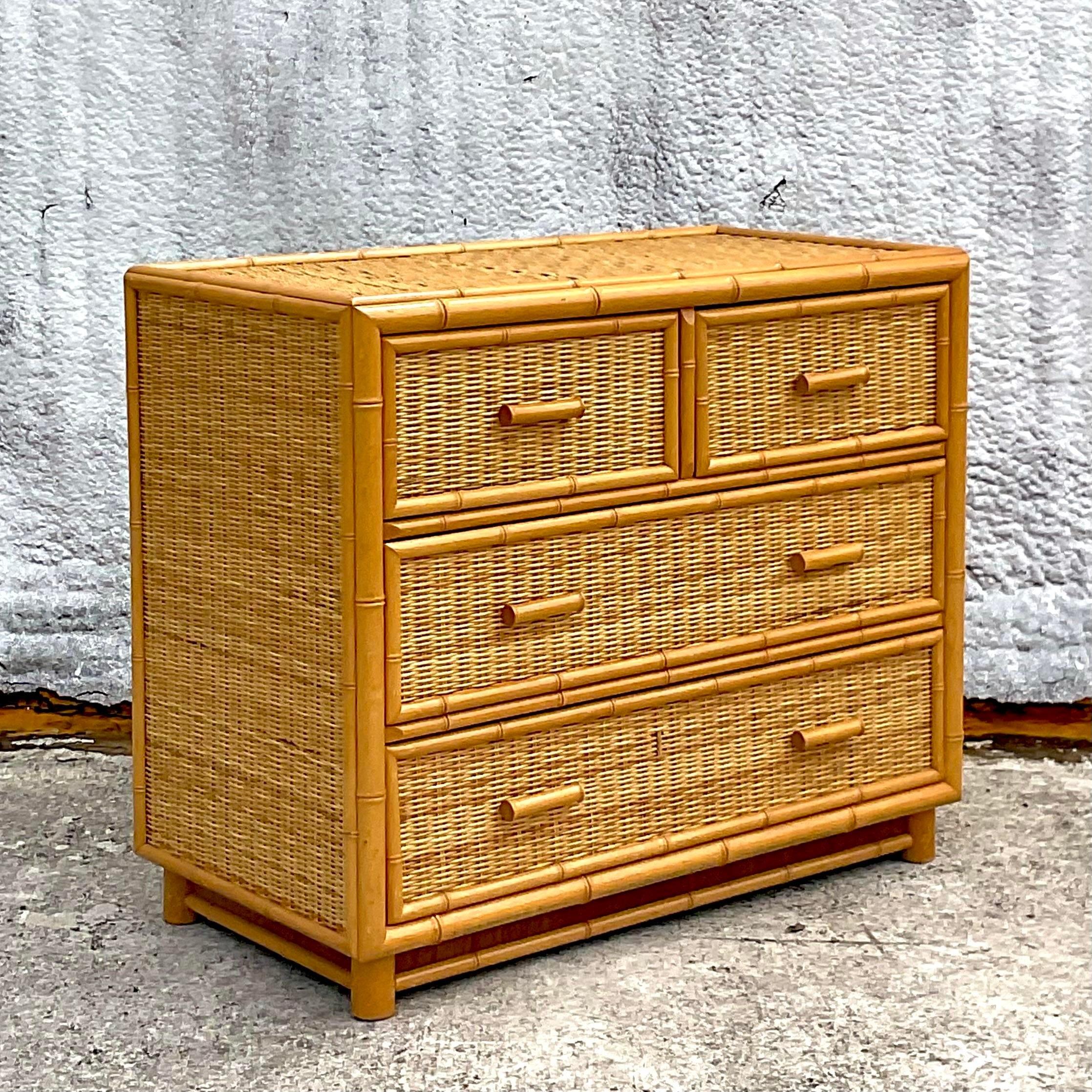 Elevate your coastal-inspired decor with our Vintage Coastal Woven Rattan Chest of Drawers. Handcrafted to perfection, this piece exudes American charm and functionality. The intricate woven rattan design adds a touch of rustic elegance, while its