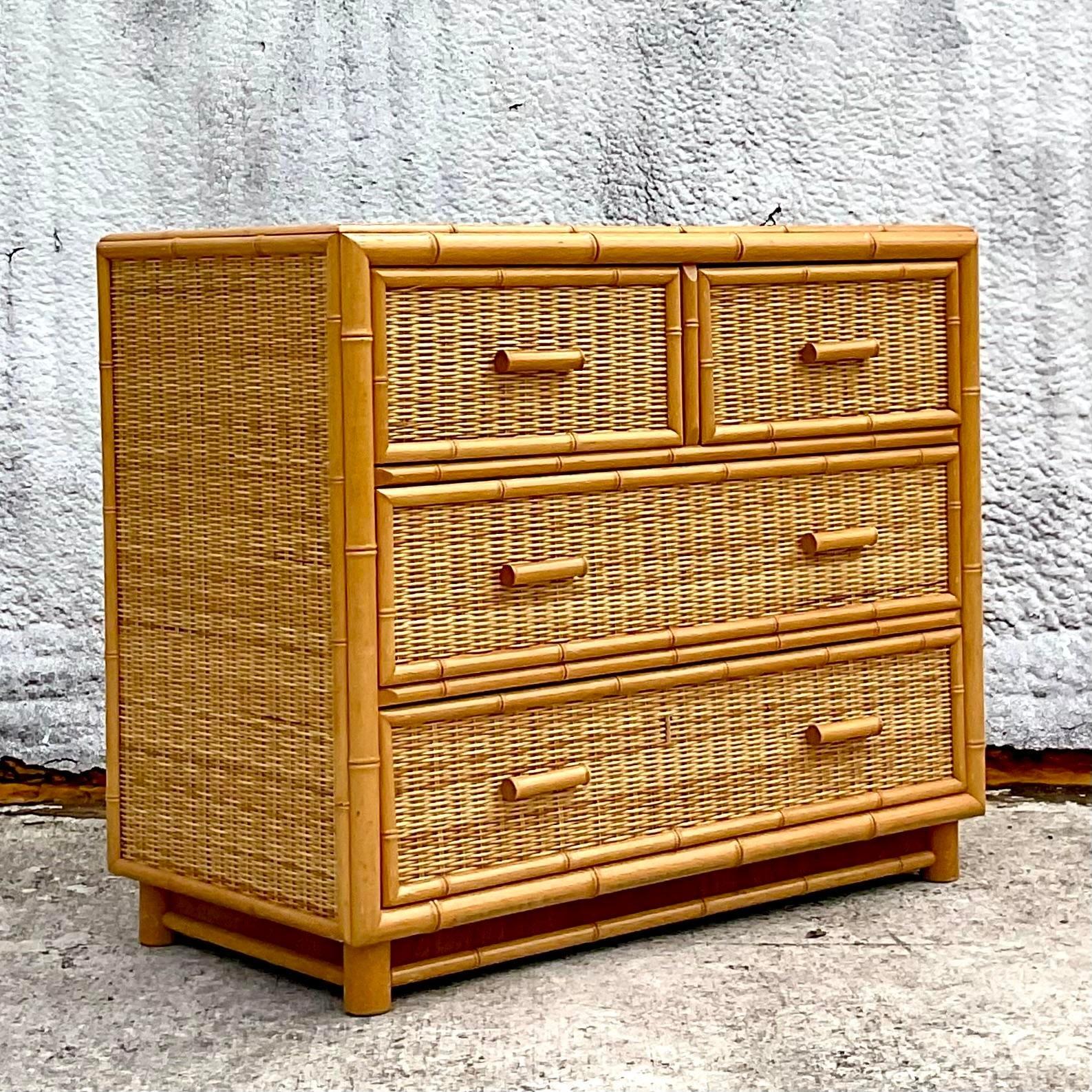 Late 20th Century Vintage Coastal Woven Rattan Chest of Drawers In Good Condition In west palm beach, FL