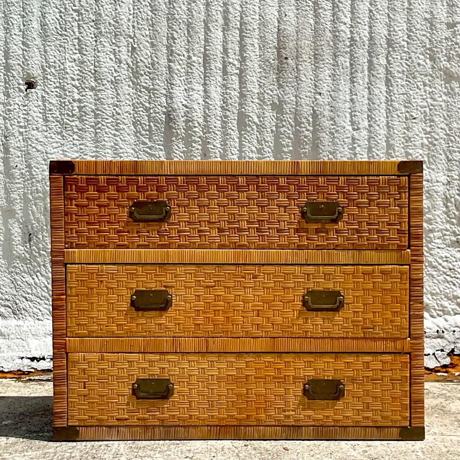 Brass Late 20th Century Vintage Coastal Woven Rattan Chest of Drawers