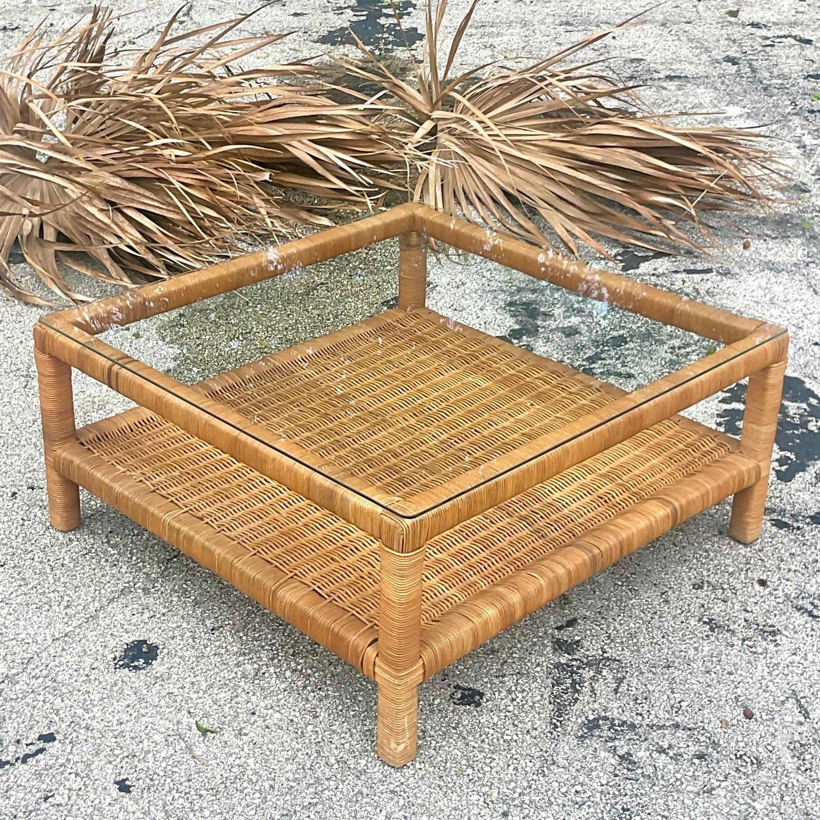 Late 20th Century Vintage Coastal Woven Rattan Coffee Table In Good Condition For Sale In west palm beach, FL