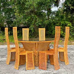 Late 20th Century Vintage Coastal Woven Rattan Dining Table After Danny Ho Fong