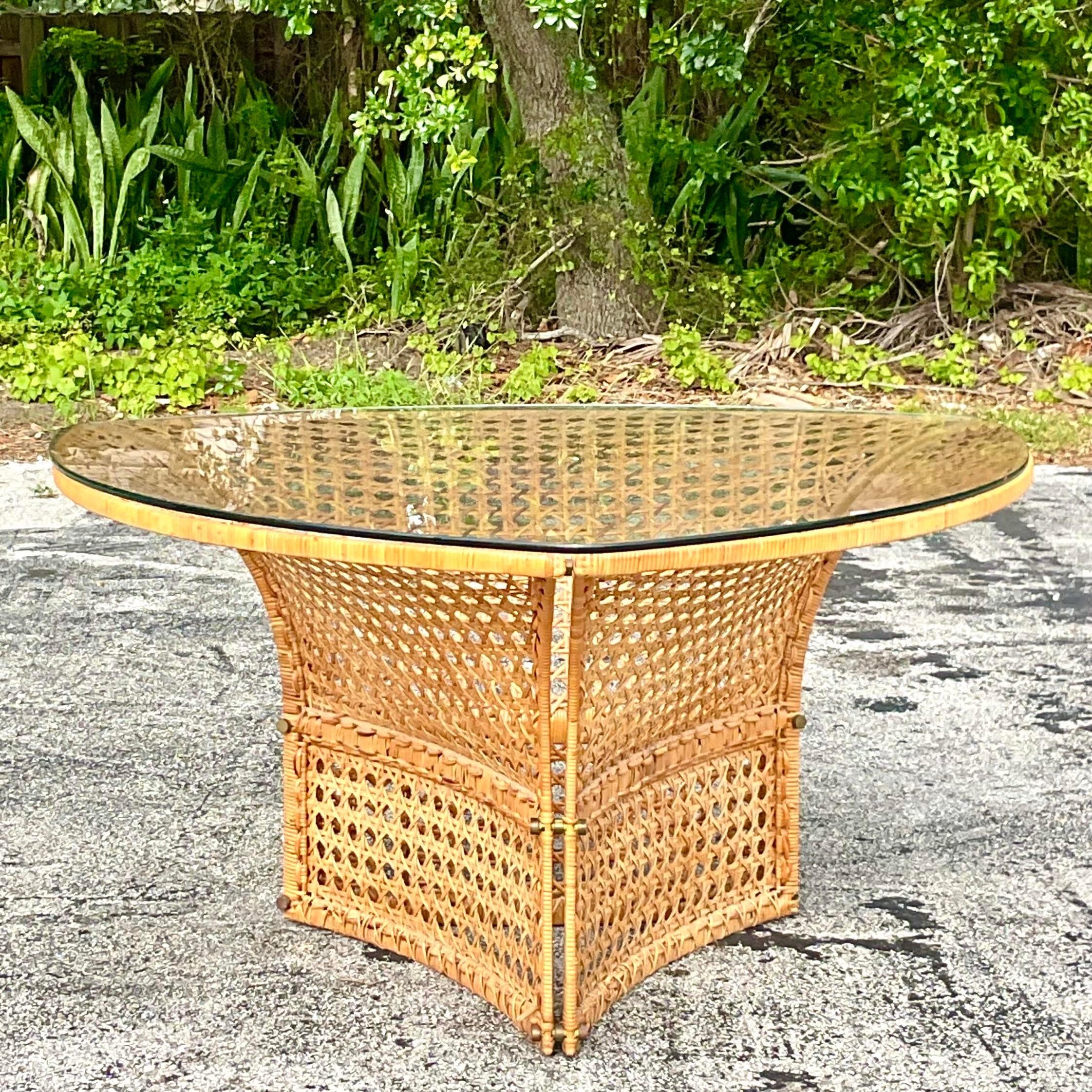 Late 20th Century Vintage Coastal Woven Rattan Dining Table After Danny Ho Fong In Good Condition For Sale In west palm beach, FL