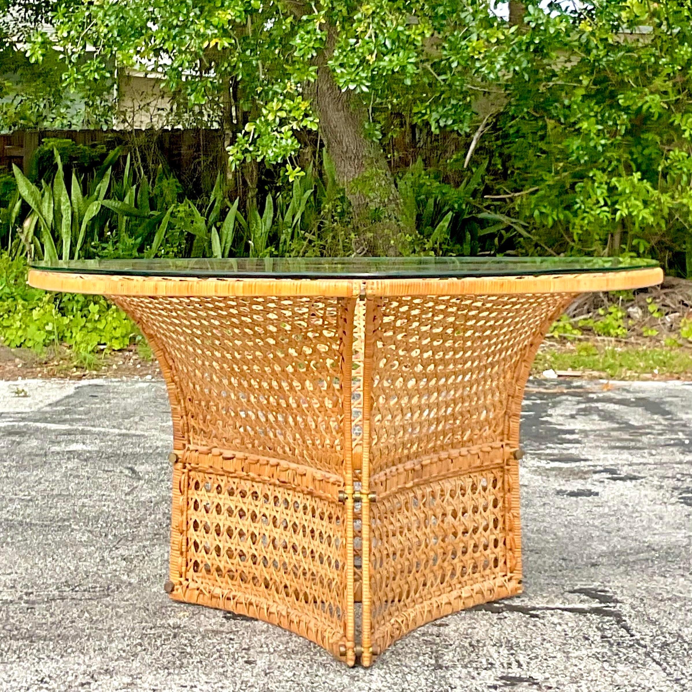 Metal Late 20th Century Vintage Coastal Woven Rattan Dining Table After Danny Ho Fong For Sale