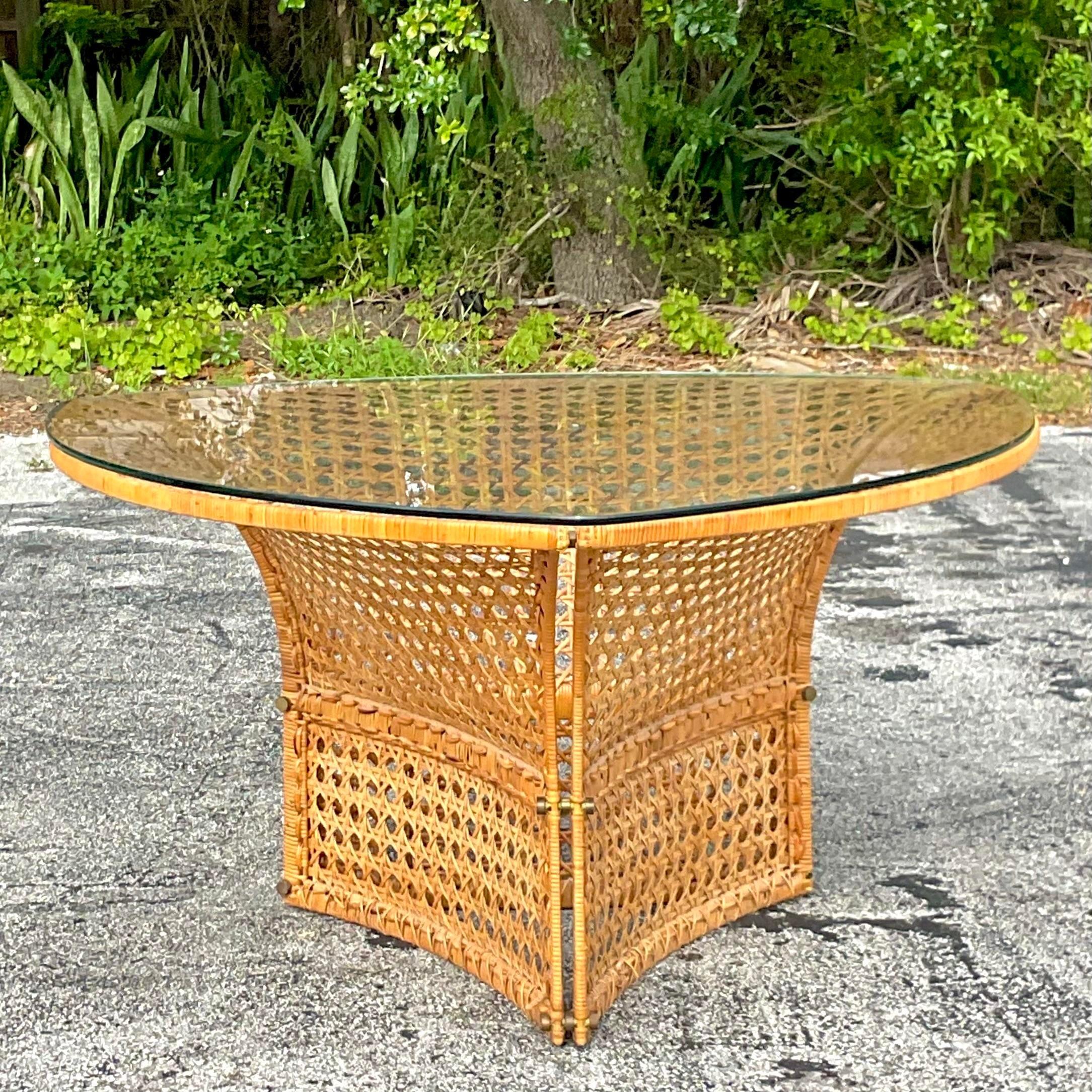 Late 20th Century Vintage Coastal Woven Rattan Dining Table After Danny Ho Fong For Sale 1
