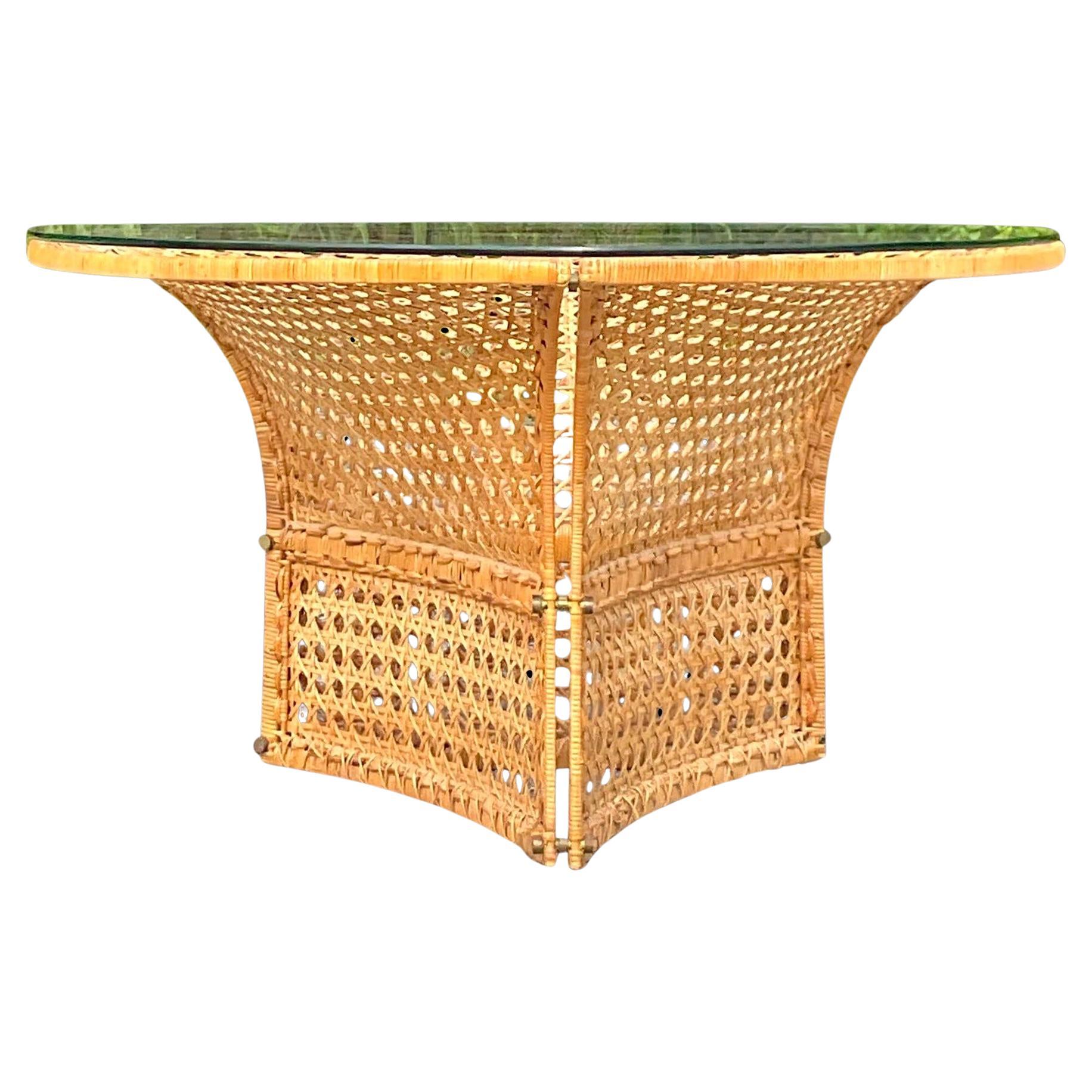 Late 20th Century Vintage Coastal Woven Rattan Dining Table After Danny Ho Fong For Sale