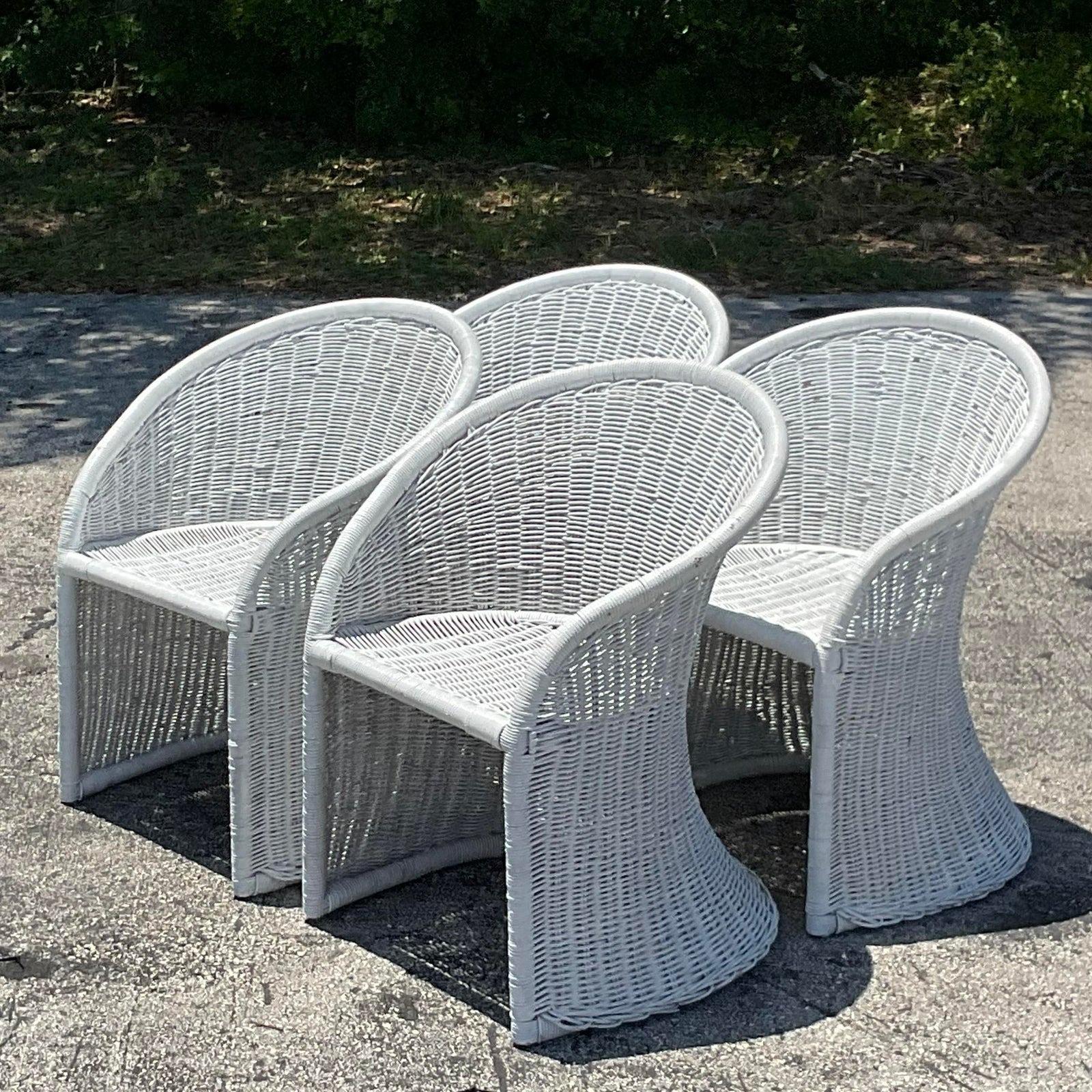 Late 20th Century Vintage Coastal Woven Rattan Dining Table Set of 4 In Good Condition For Sale In west palm beach, FL