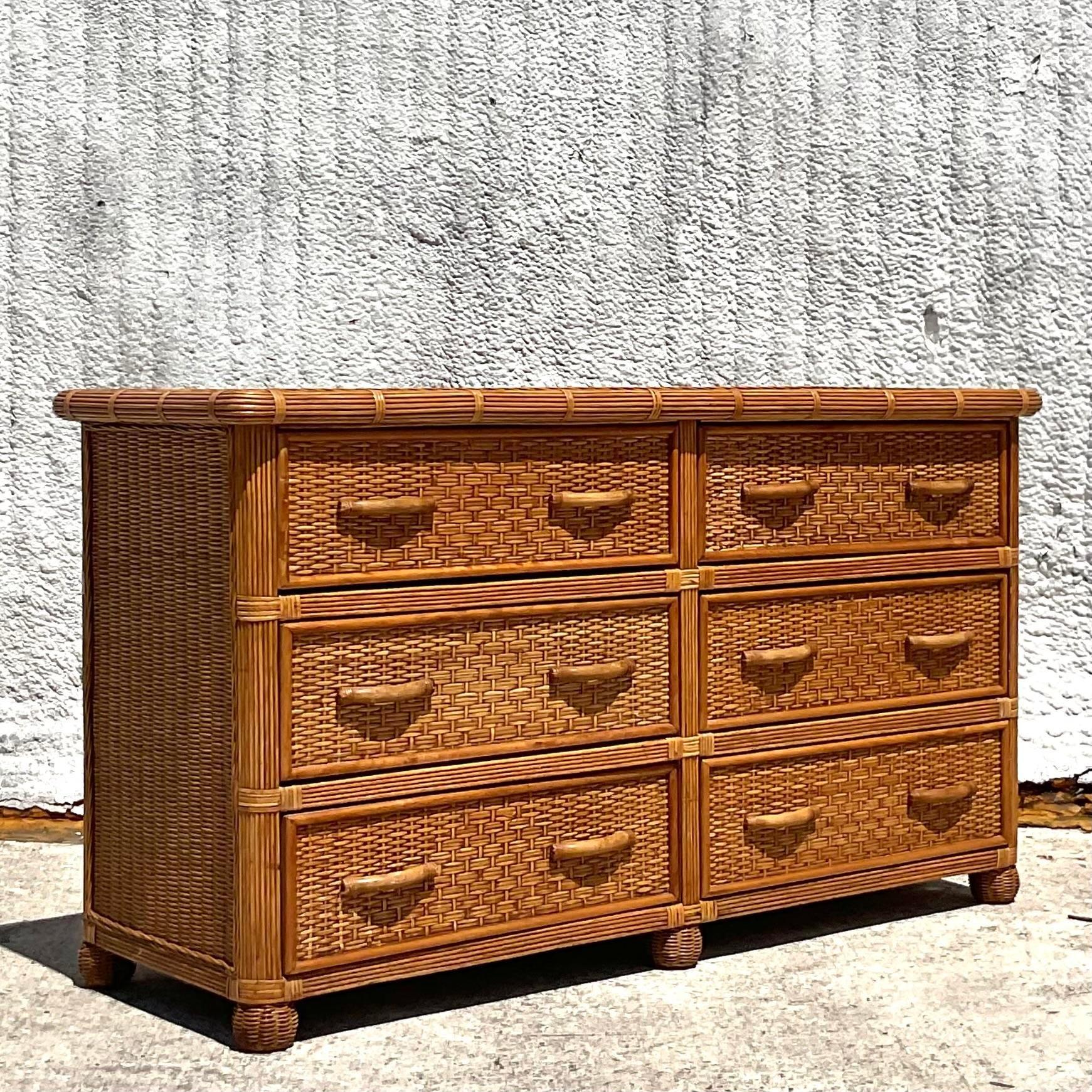 Late 20th Century Vintage Coastal Woven Rattan Dresser In Good Condition For Sale In west palm beach, FL