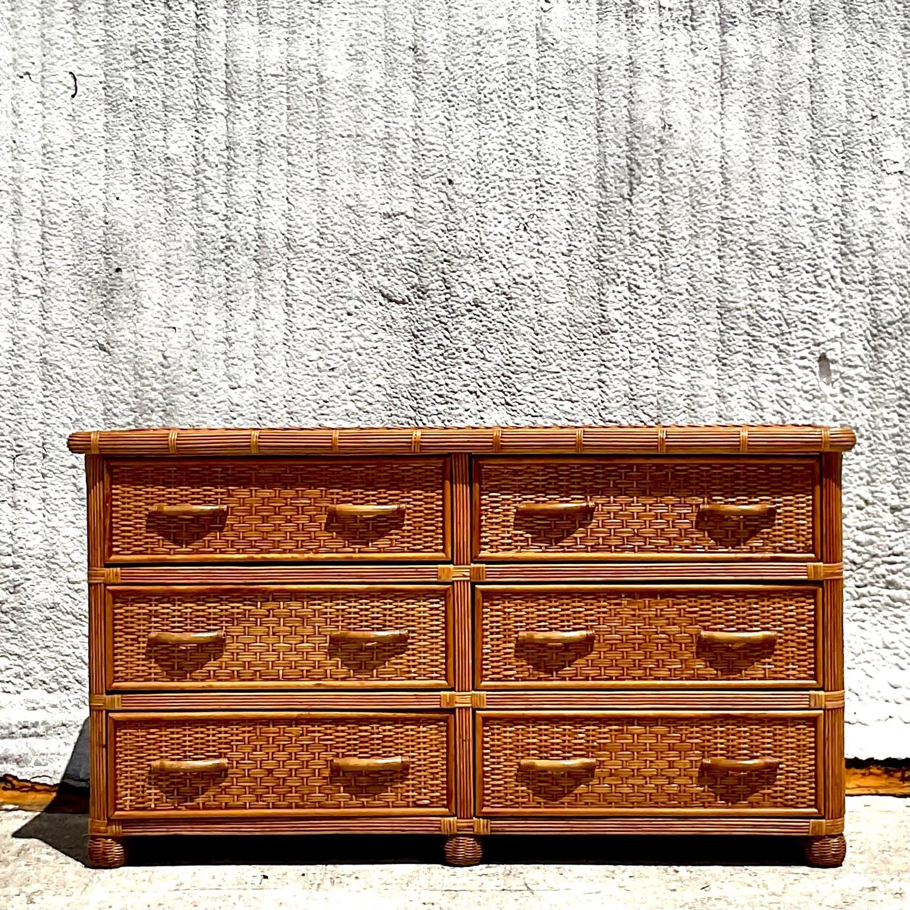 Late 20th Century Vintage Coastal Woven Rattan Dresser For Sale 1