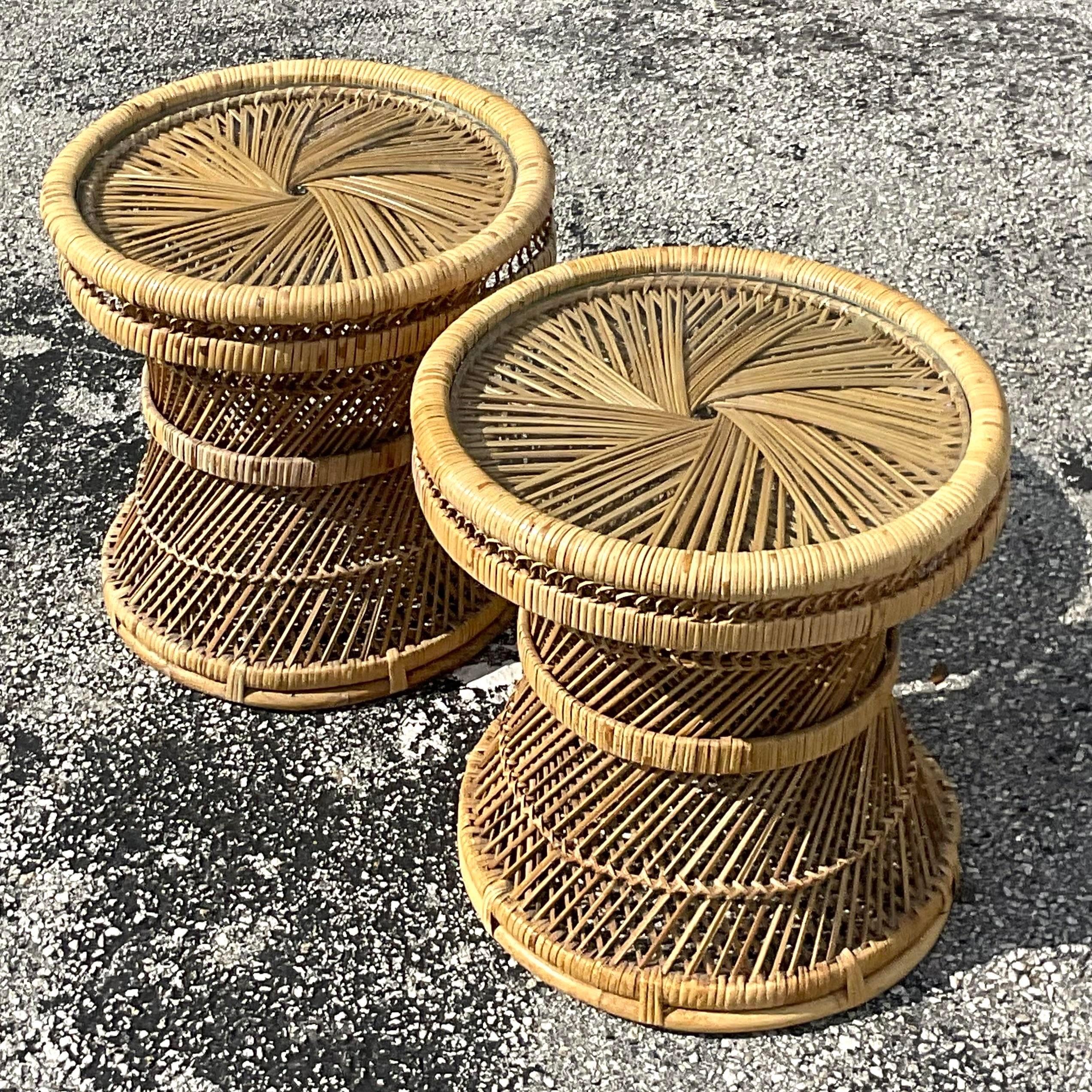 North American Late 20th Century Vintage Coastal Woven Rattan Drink Tables - a Pair For Sale