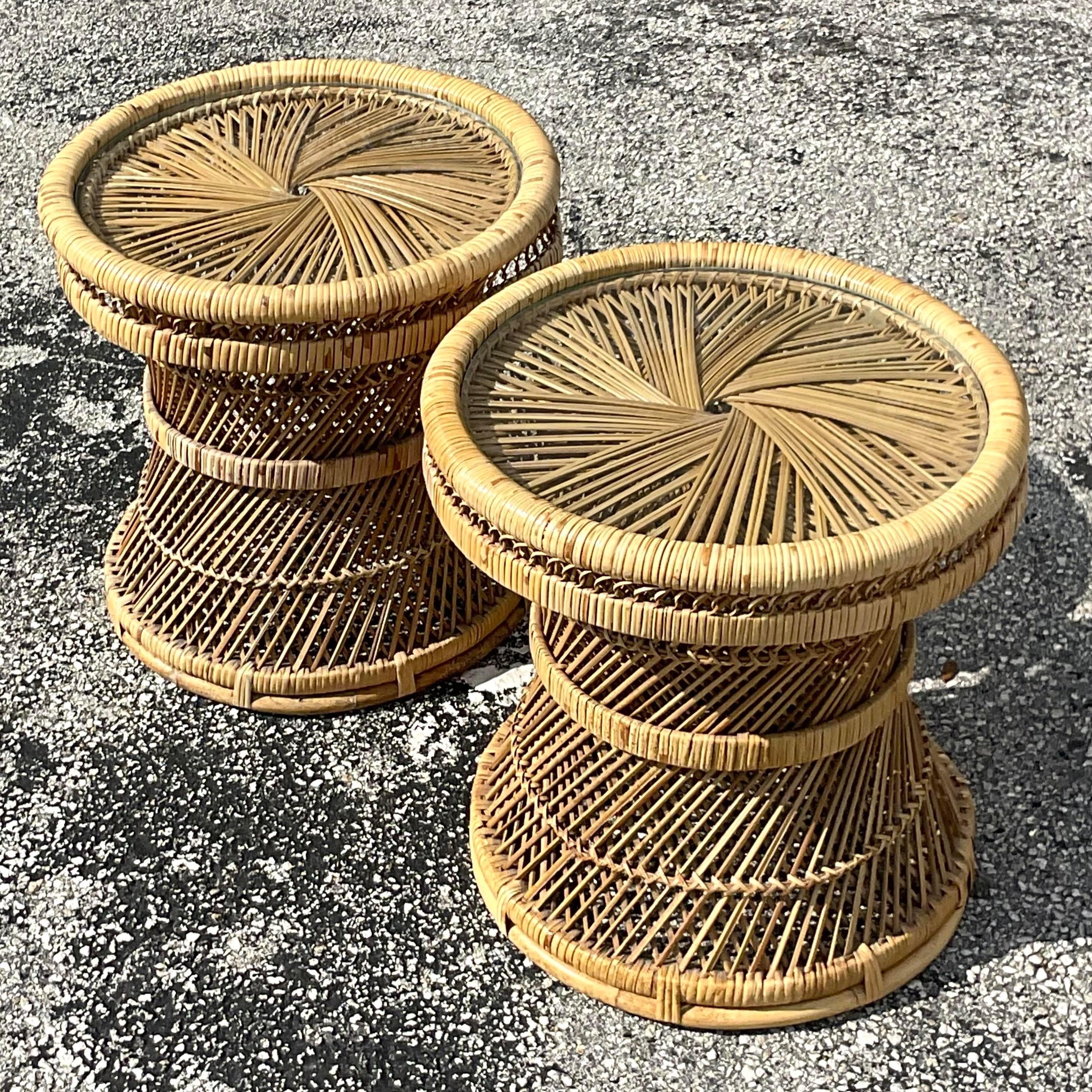 Late 20th Century Vintage Coastal Woven Rattan Drink Tables - a Pair In Good Condition For Sale In west palm beach, FL