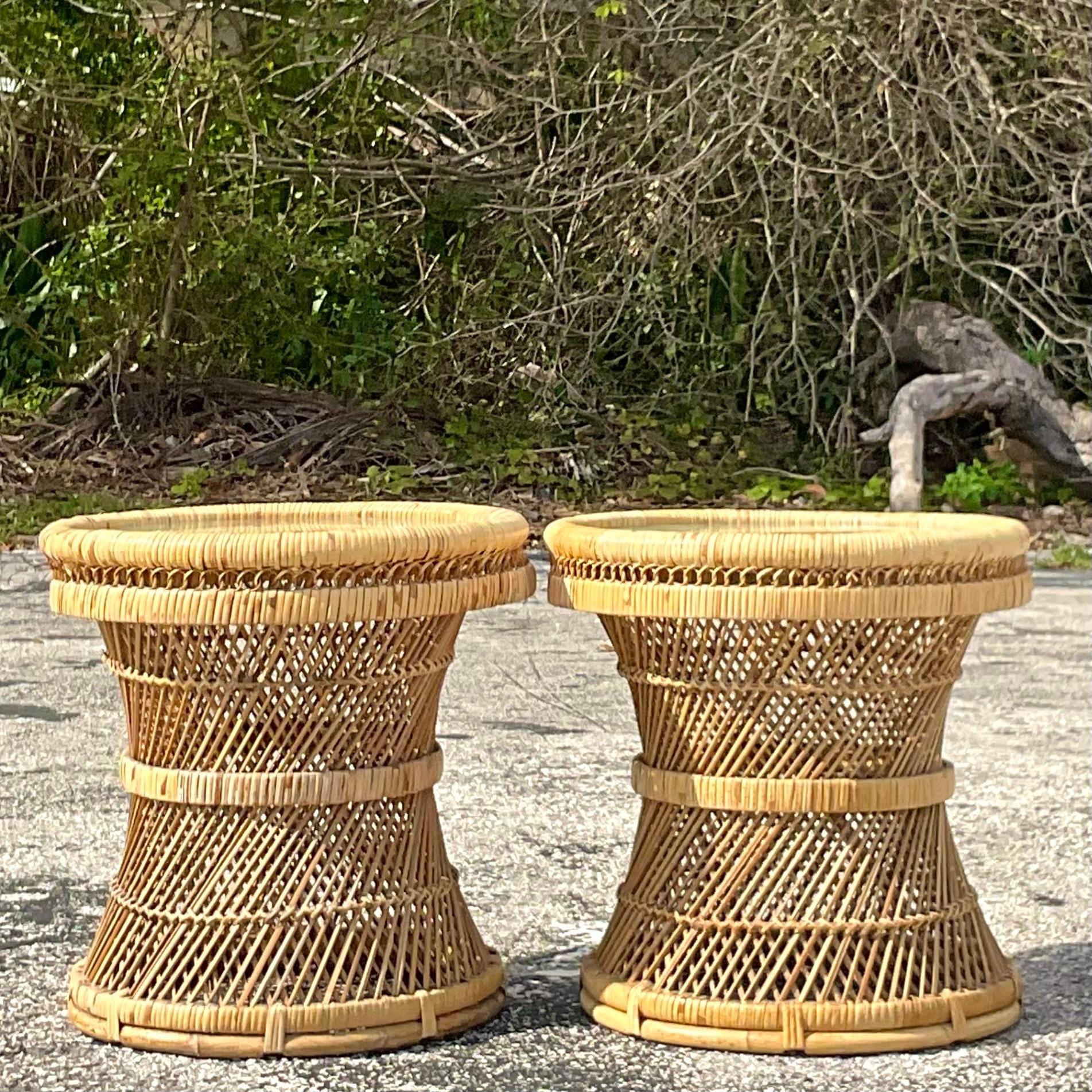 Late 20th Century Vintage Coastal Woven Rattan Drink Tables - a Pair For Sale 1
